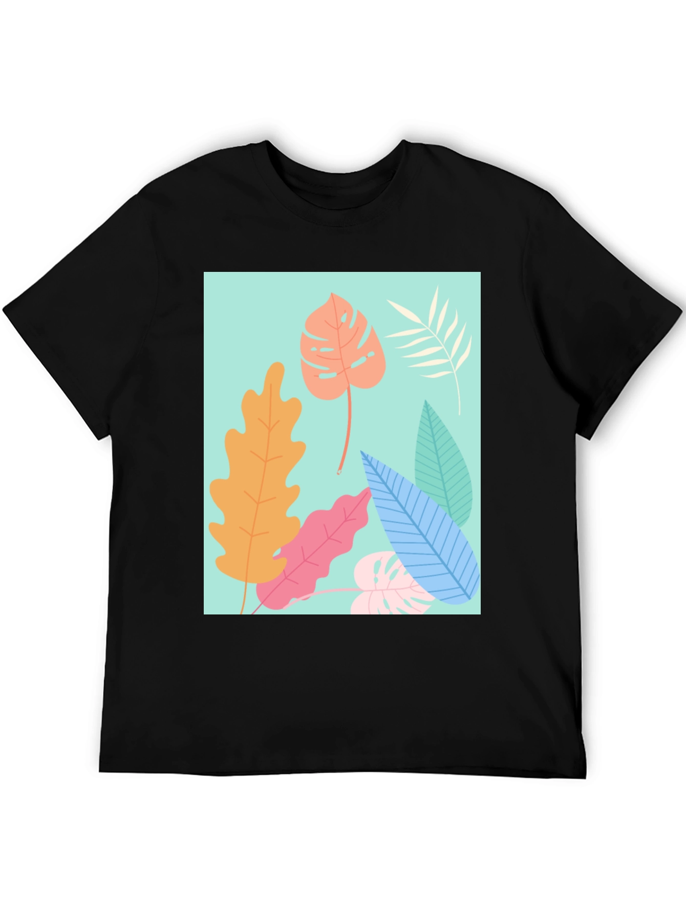 Black Tropical Leaves Graphic Tee - Black Cotton T-Shirt view 5