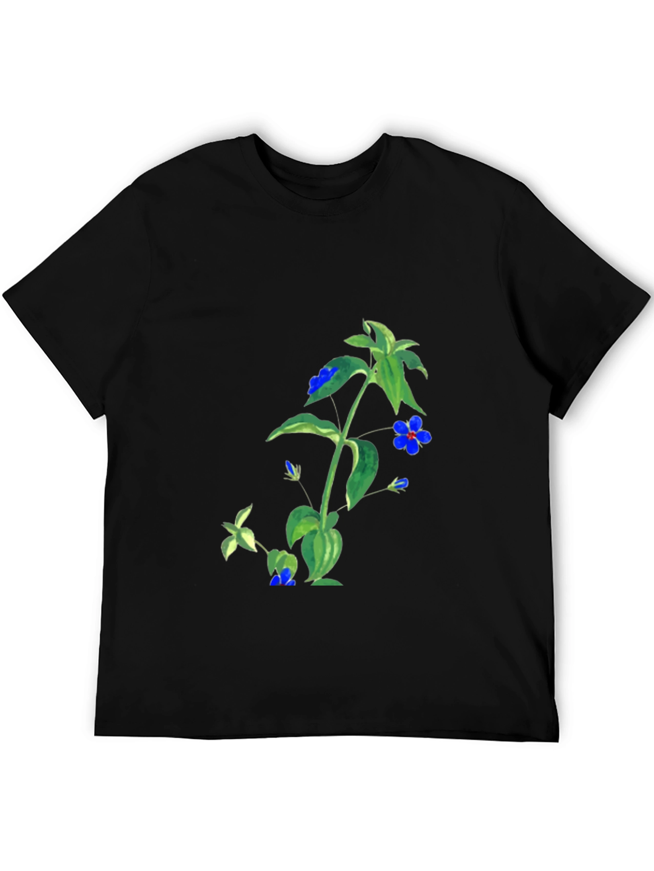 Black Botanical Blue Flower Graphic Black T-Shirt view 5