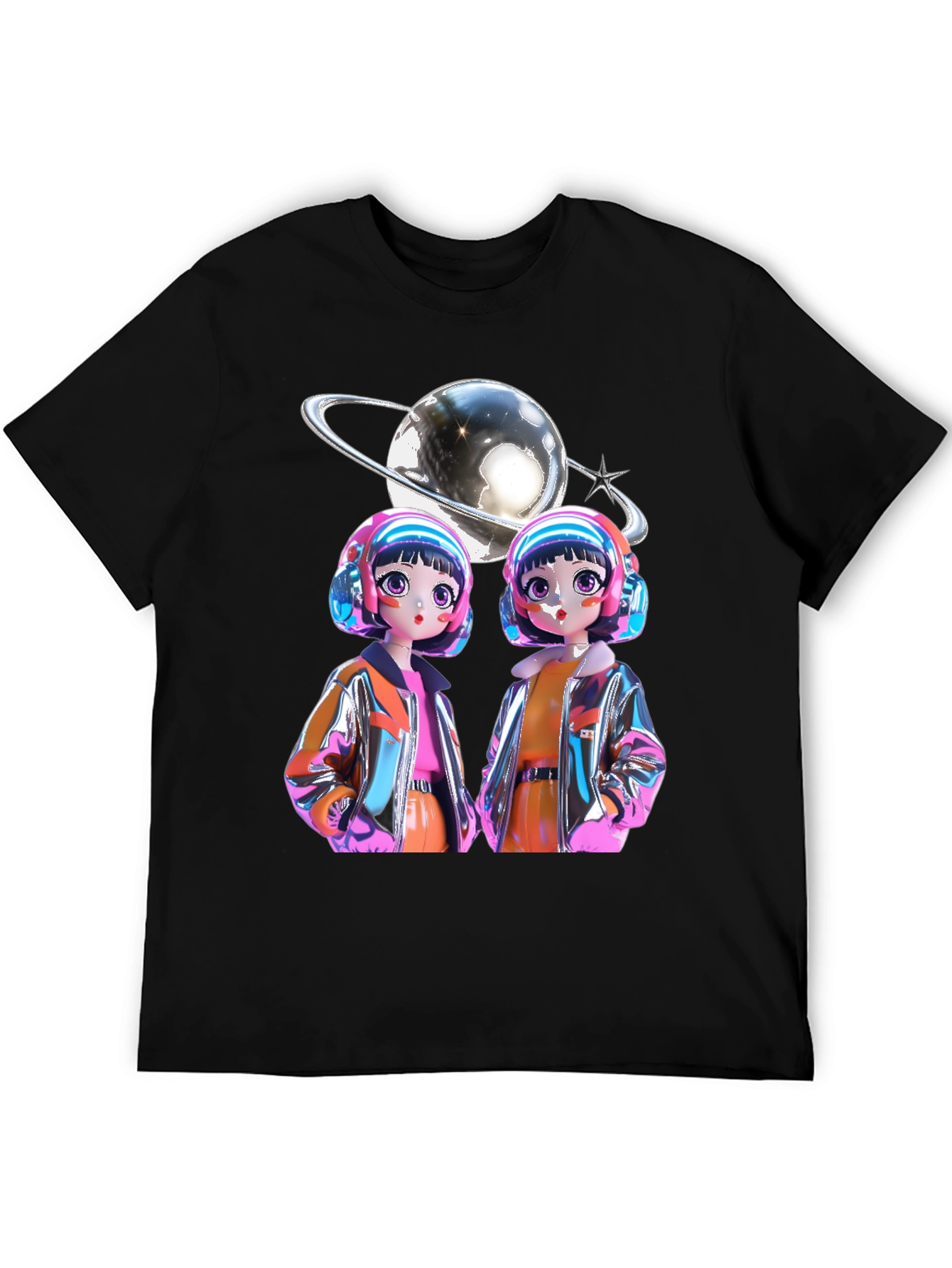 Black Retro Anime Twins Graphic Tee - Black Cotton T-Shirt view 5