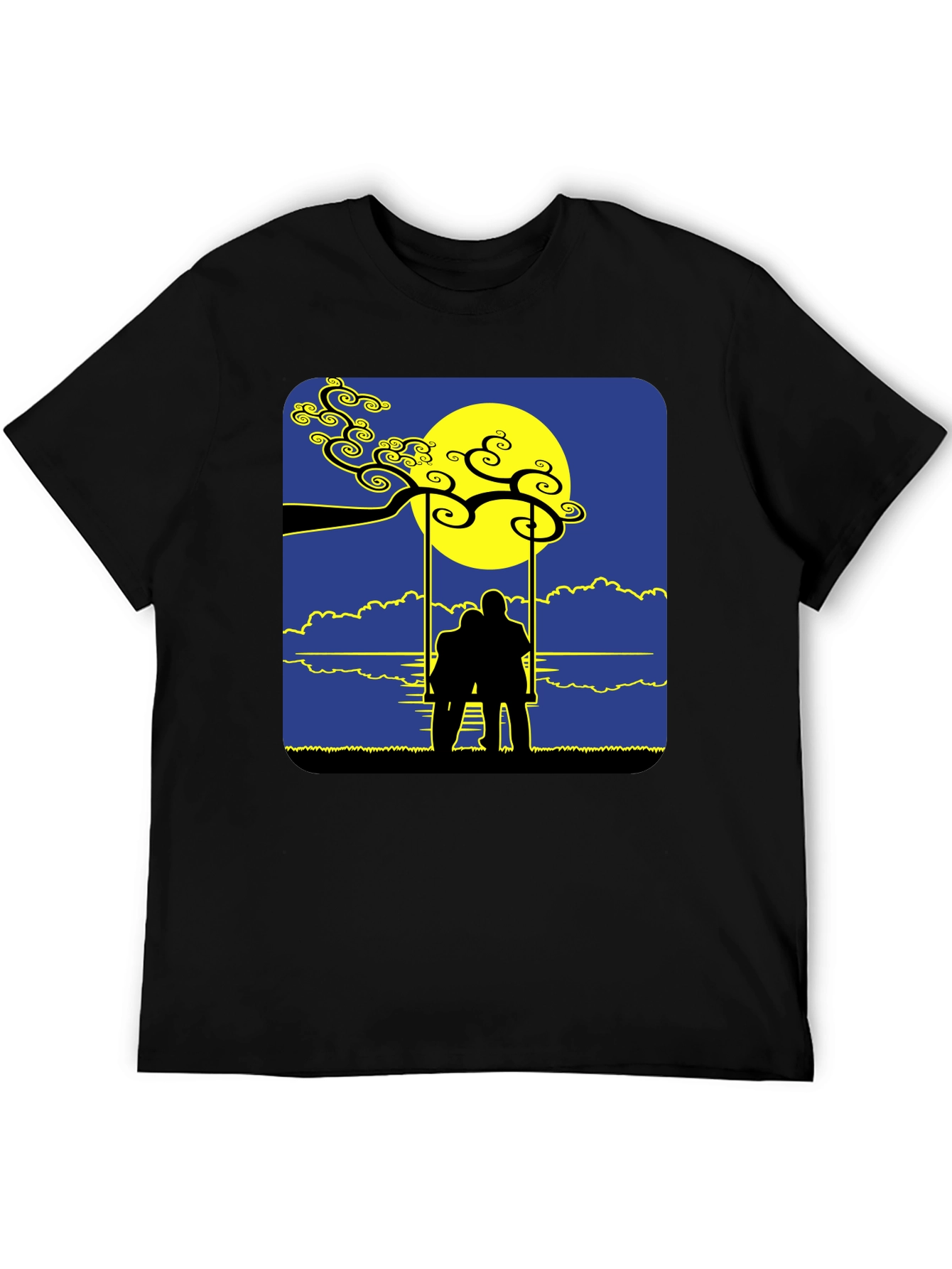 Black Romantic Silhouette Tee: Lovers on a Swing at Moonrise view 5