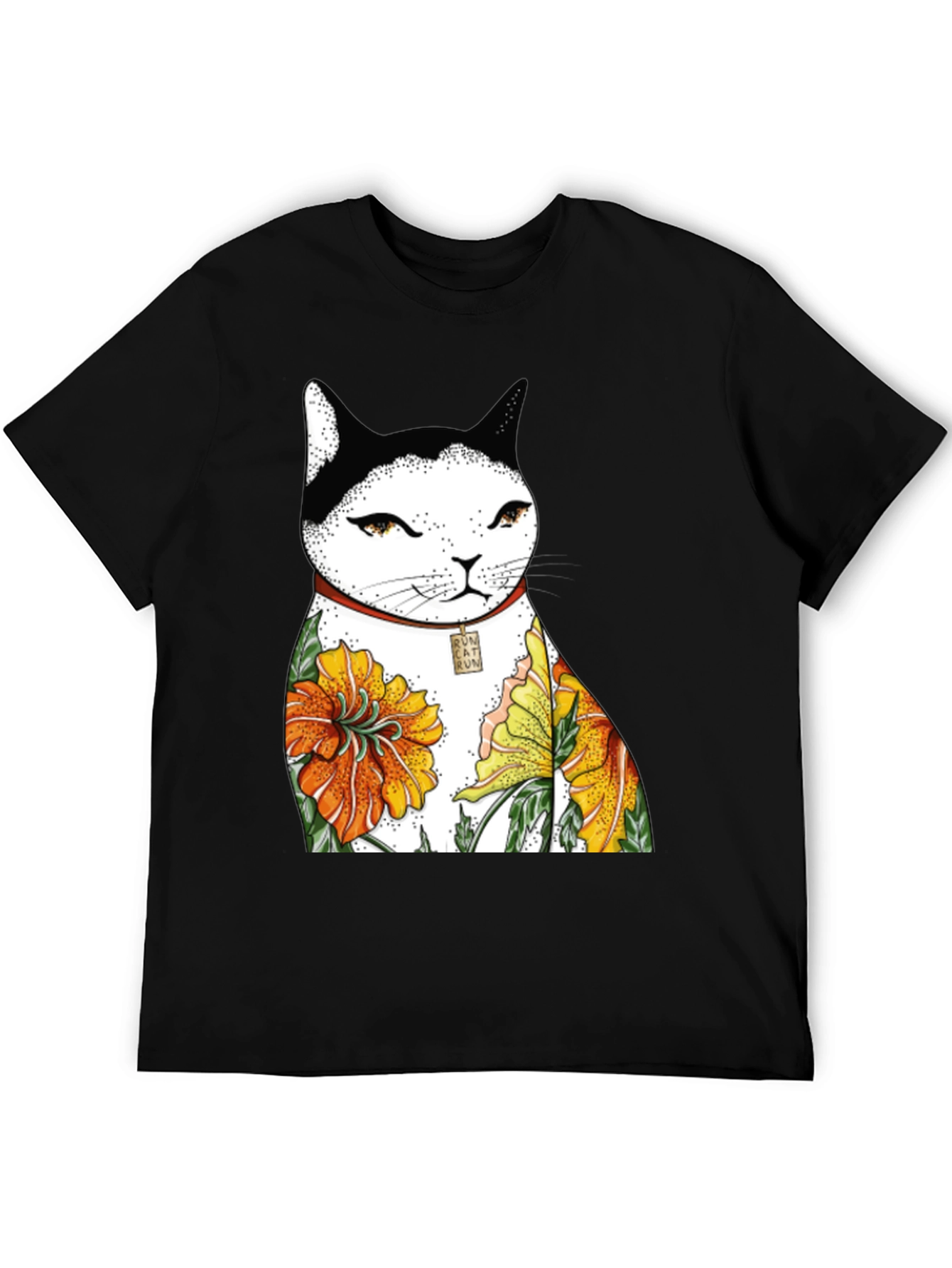 Black Cat & Flowers Black T-Shirt view 5