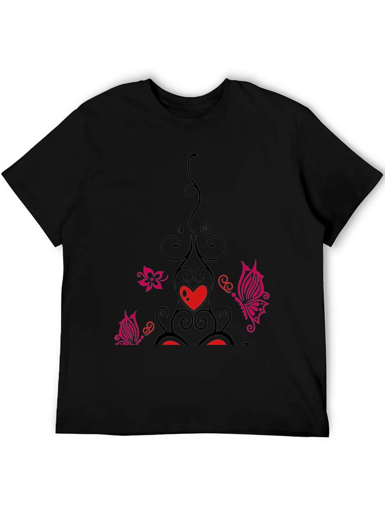 Black Black Tee with Floral Heart Butterfly Design view 5