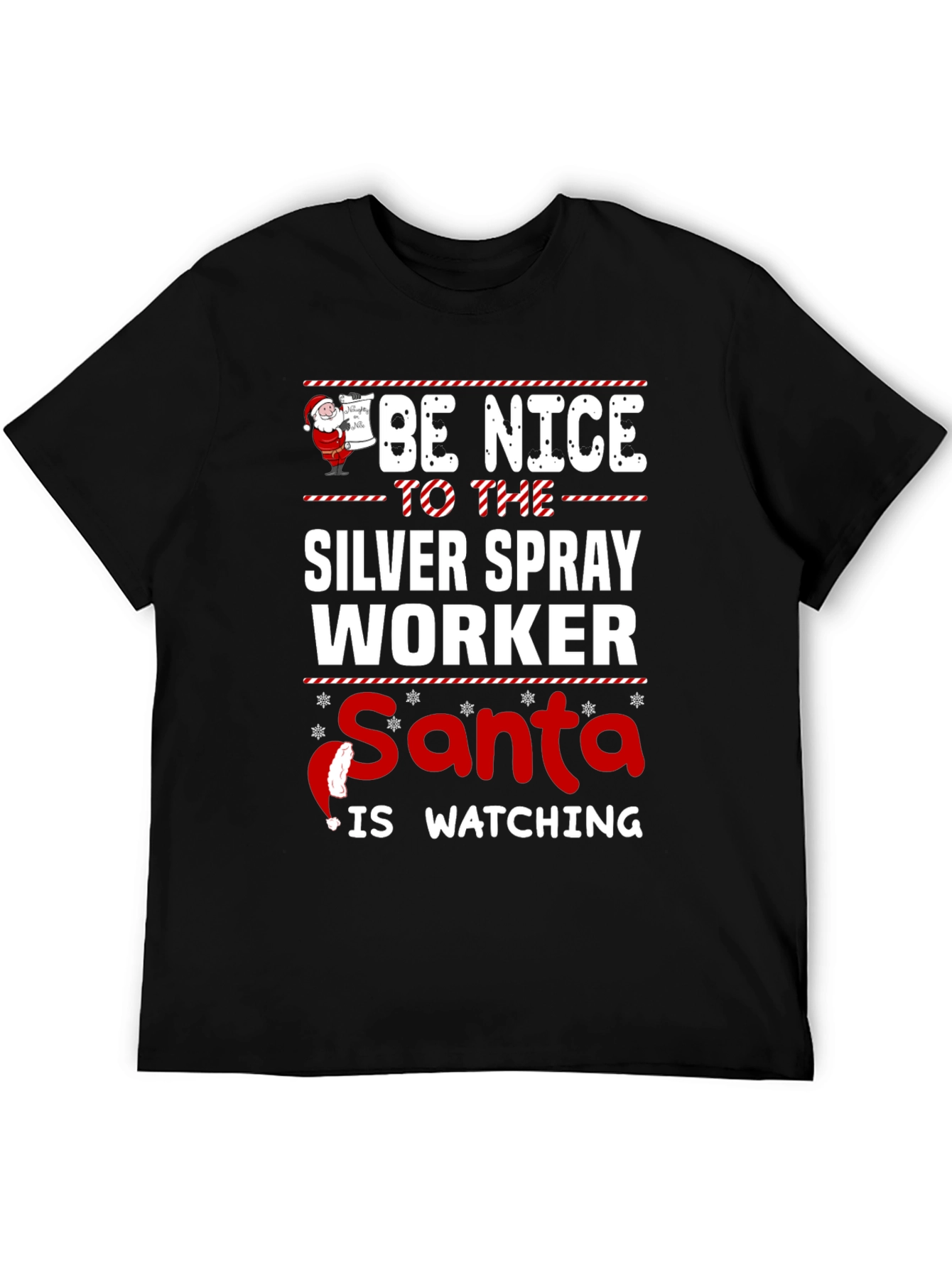 Black Be Nice to The Silver Spray Worker Santa Watching T-Shirt view 5