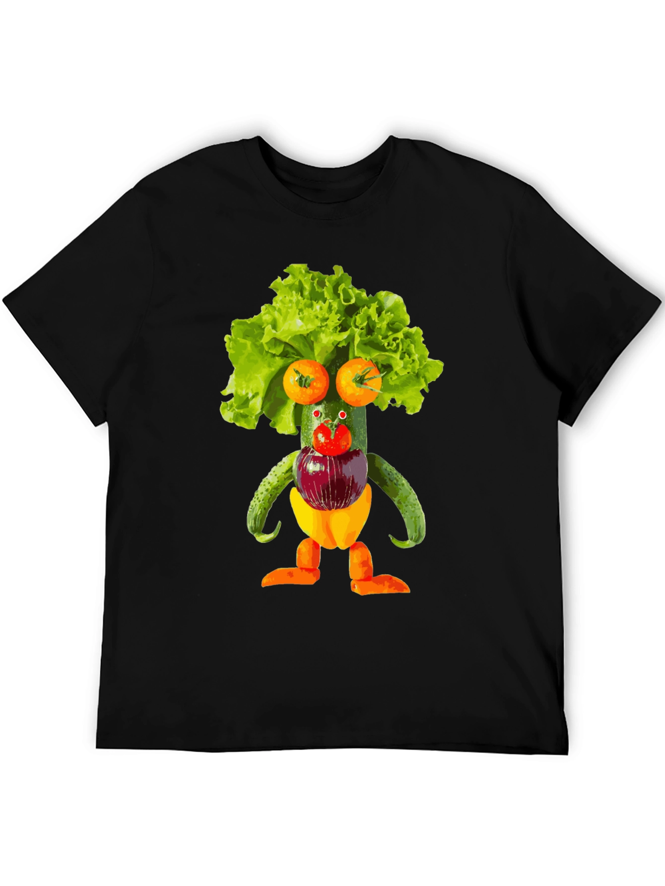 Black Whimsical Vegetable Art T-Shirt - Unique Foodie Fashion view 5