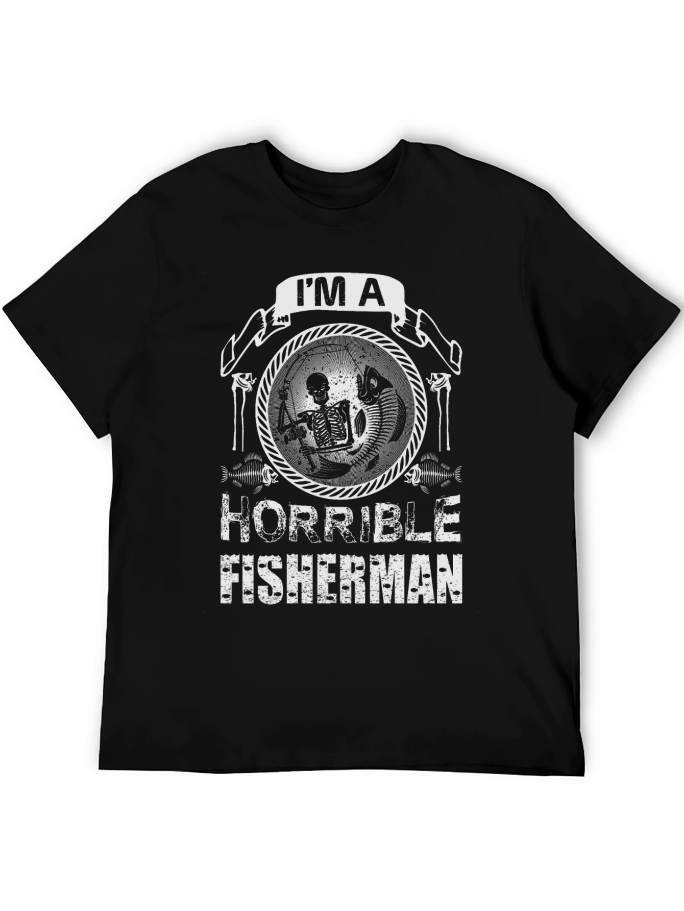 Black Horrible Fisherman Skeleton Graphic T-Shirt view 5