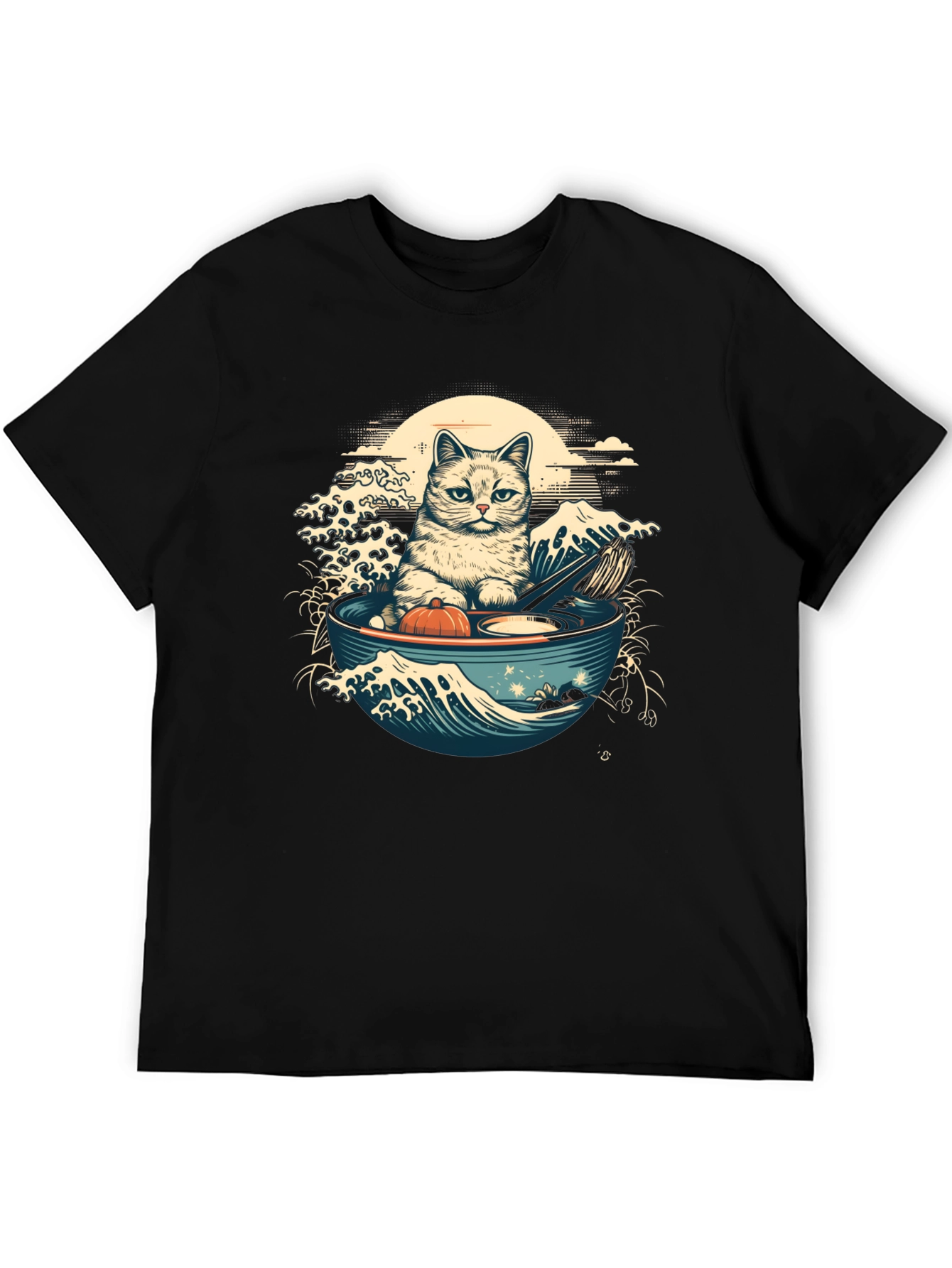 Black Cat Ramen Wave T-Shirt - Stylish Graphic Tee view 5