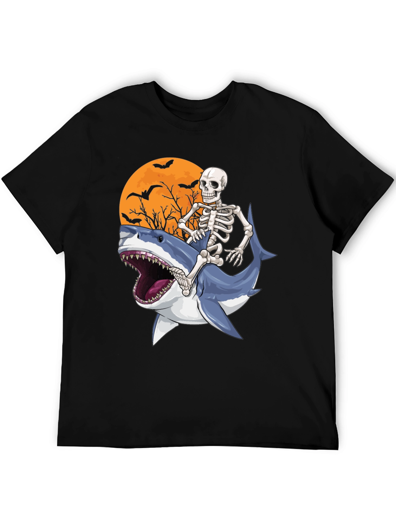 Black Skeleton Riding Shark Graphic T-Shirt - Halloween Style view 5