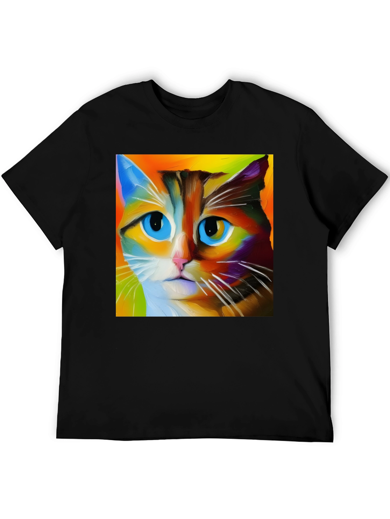 Black Colorful Cat Art T-Shirt view 5