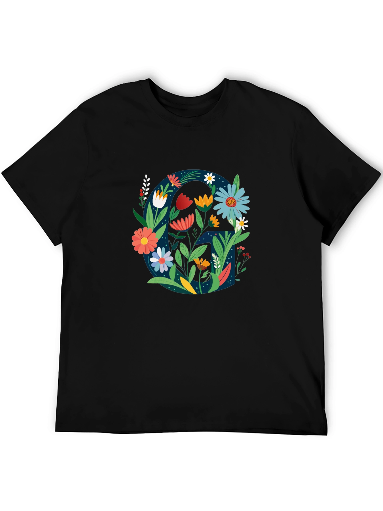 Black Floral Letter G Graphic Tee - Unique Design view 5