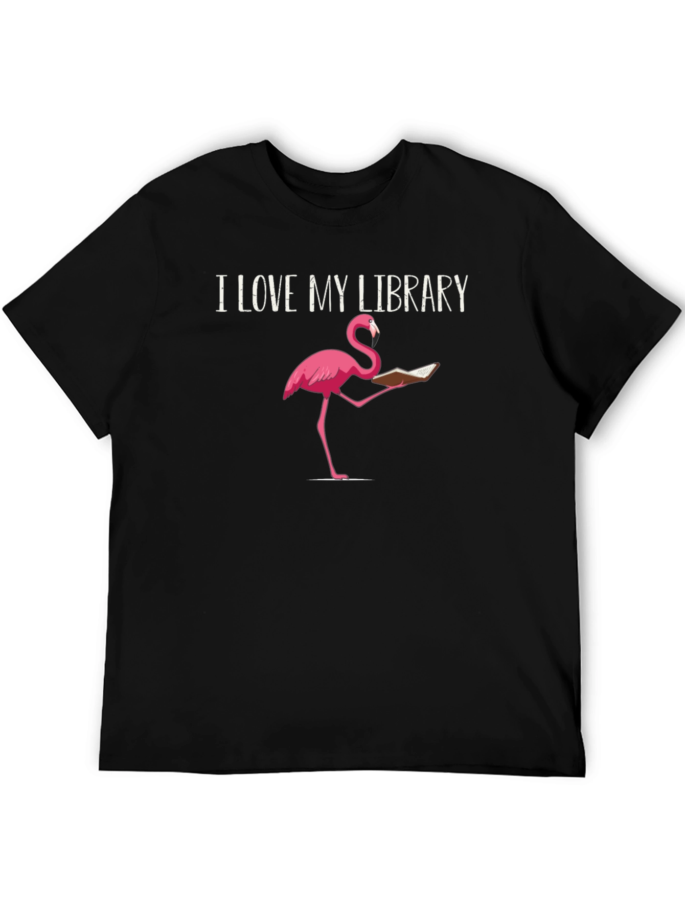 Black I Love My Library Flamingo Reading T-Shirt view 5