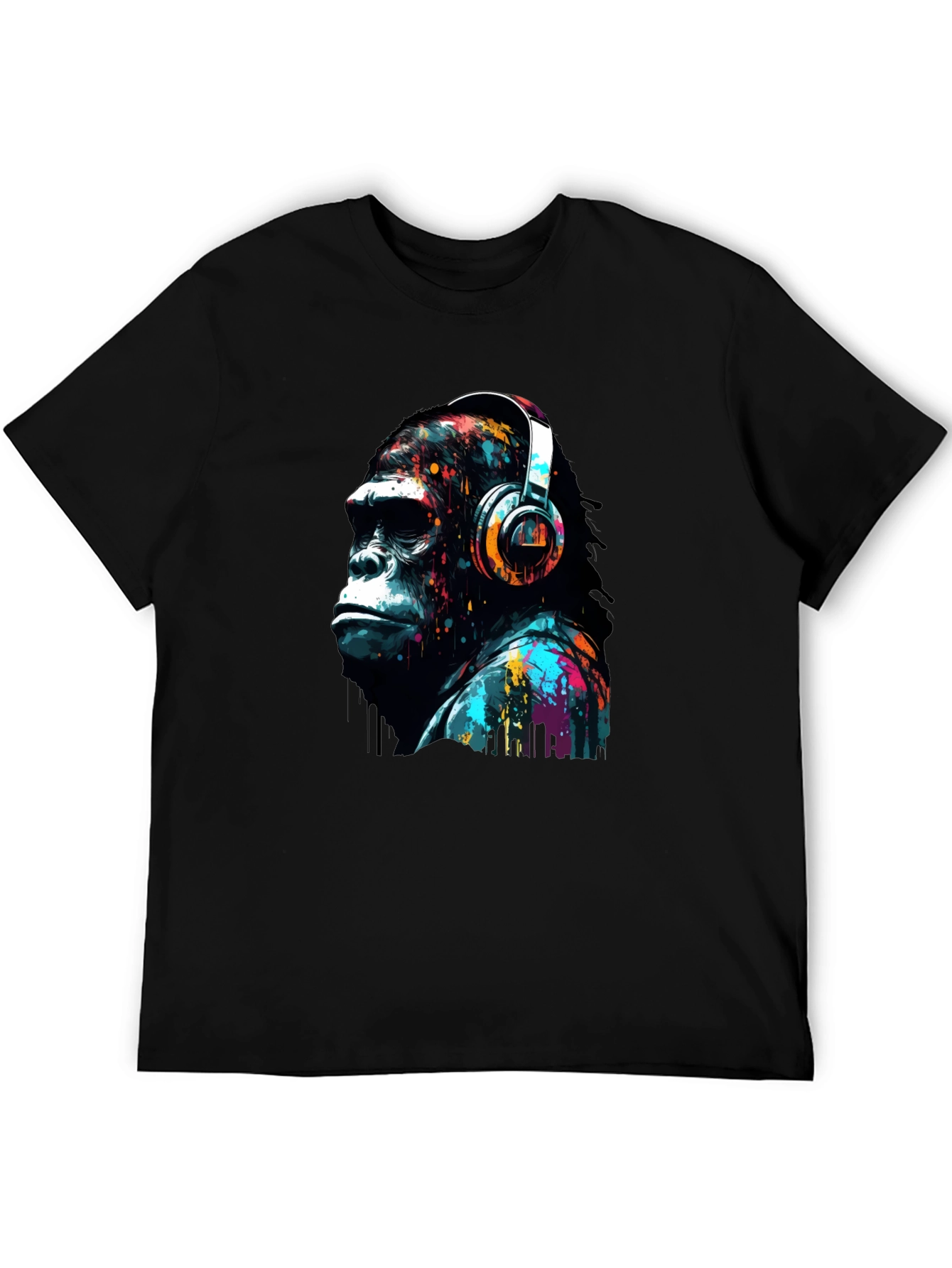 Black Gorilla Headphone Graphic Print Black T-Shirt view 5