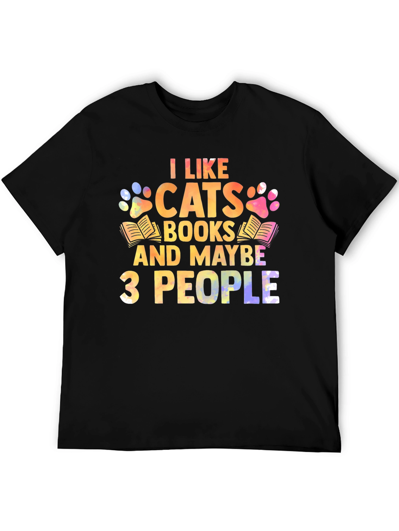 Black I Like Cats Books & Maybe 3 People Unisex T-Shirt view 5