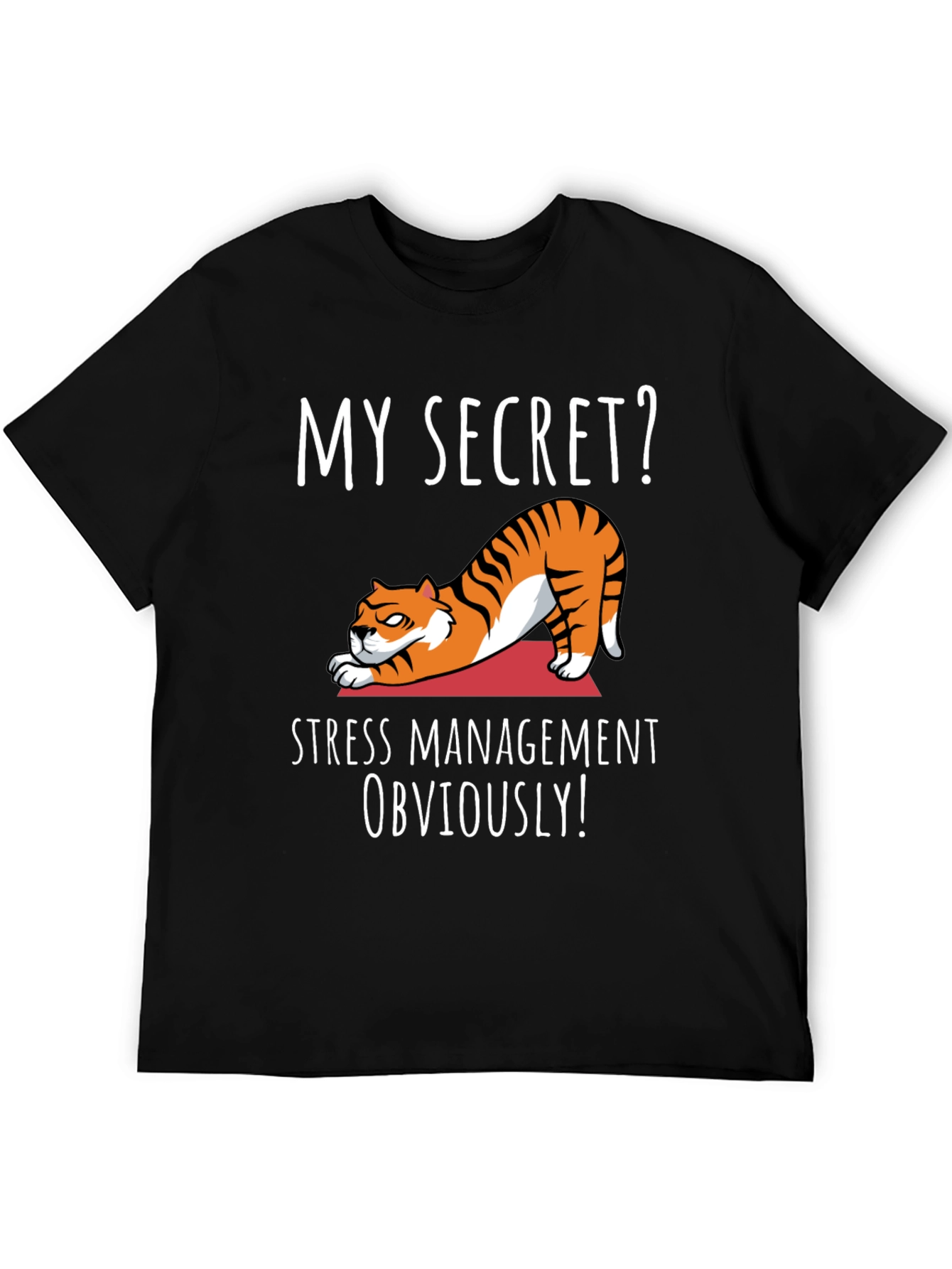 Black Funny Yoga Cat T-Shirt - My Secret? Stress Management Obviously! view 5