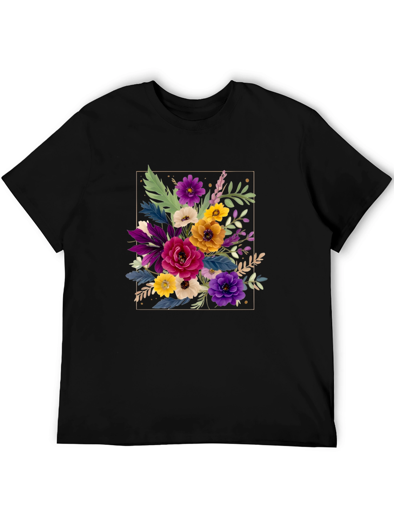 Black Floral Bouquet Graphic Print Men's Black T-Shirt view 5