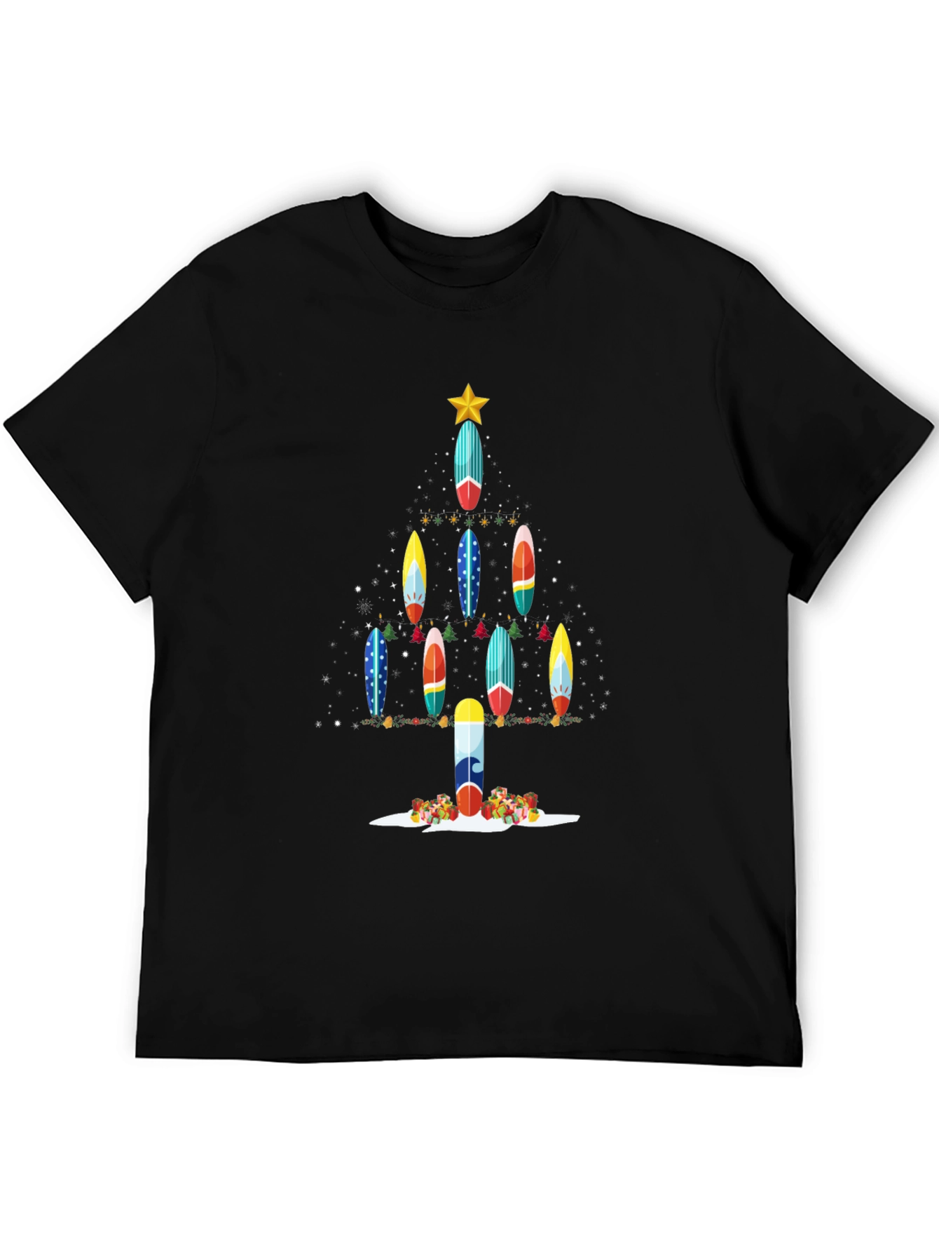Black Surfboard Christmas Tree T-Shirt view 5
