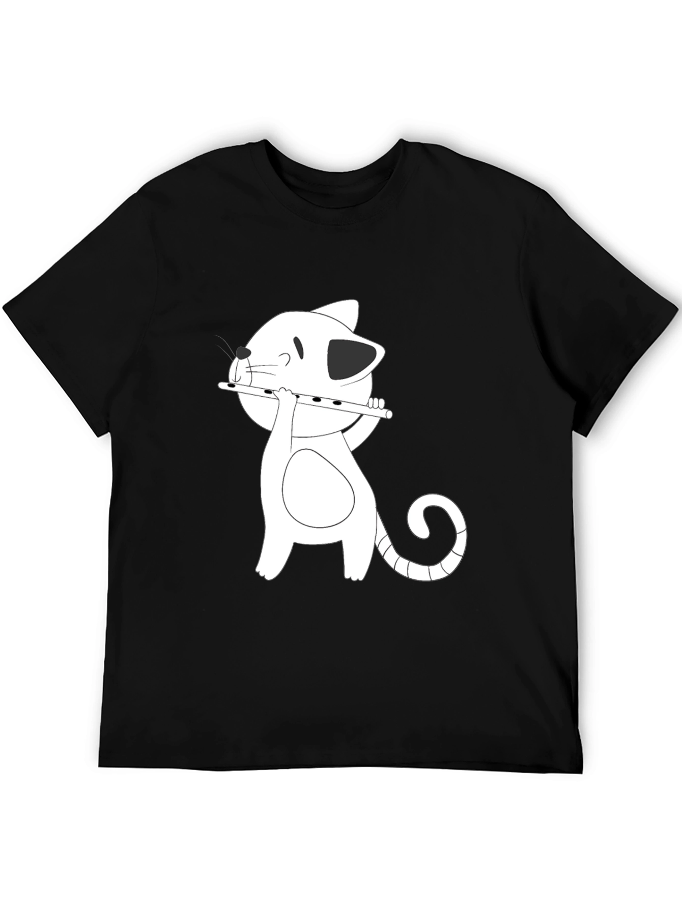 Black Cartoon Cat Flute Player Black T-Shirt view 5