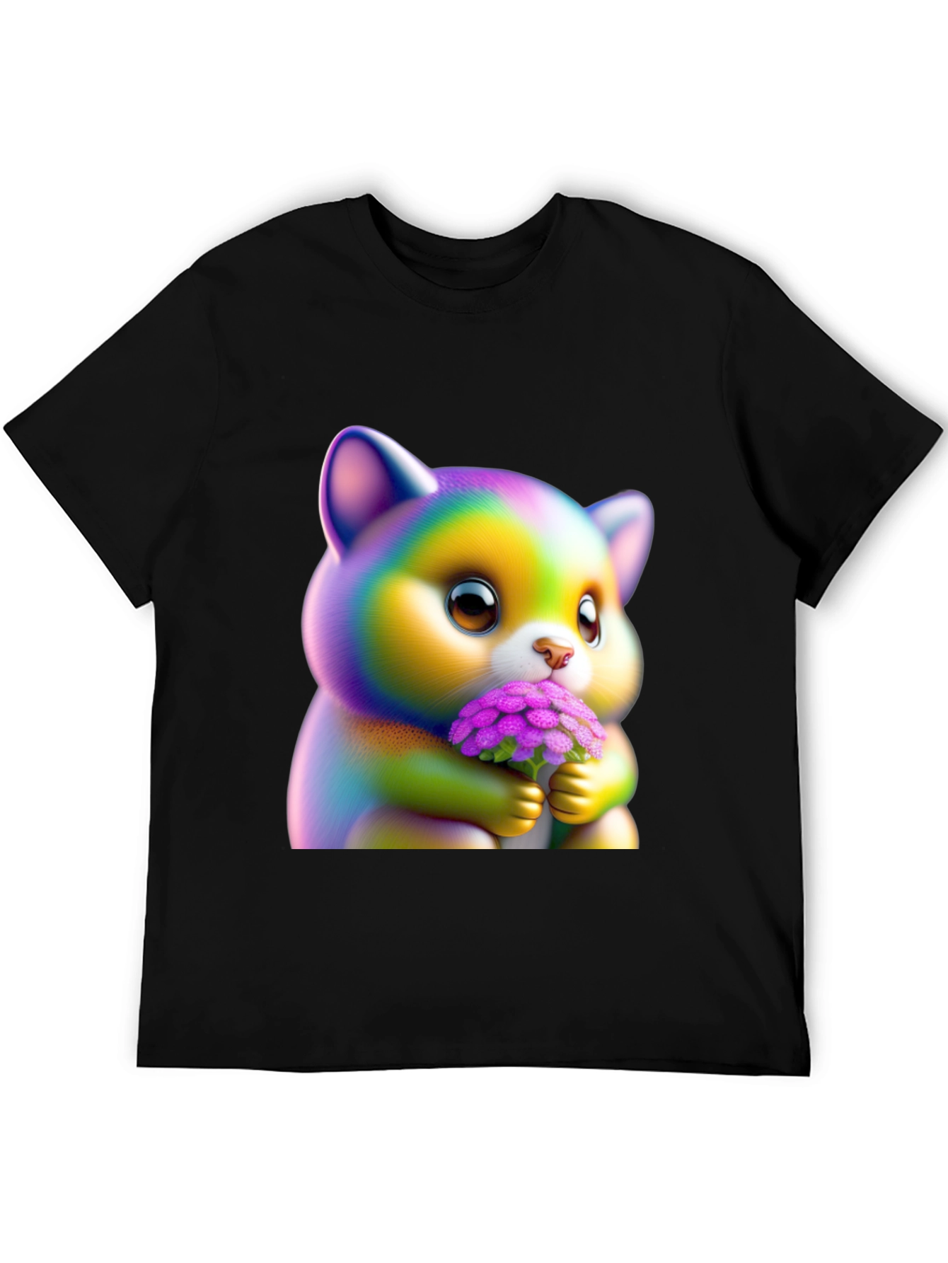 Black Cute Rainbow Kitten Holding Flowers Graphic Tee view 5