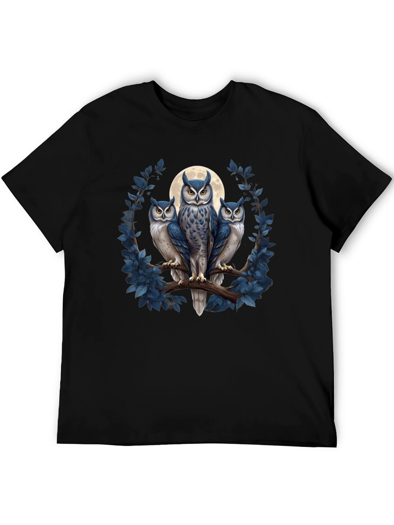 Black Owl Trio Graphic Tee - Moonlit Birds on Branch T-Shirt view 5