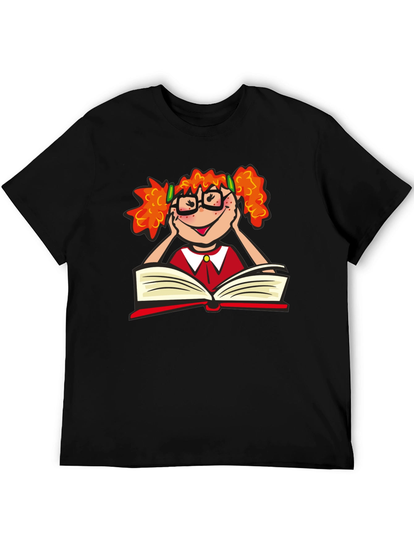 Black Nerdy Girl Reading T-Shirt - Black Cotton Tee view 5
