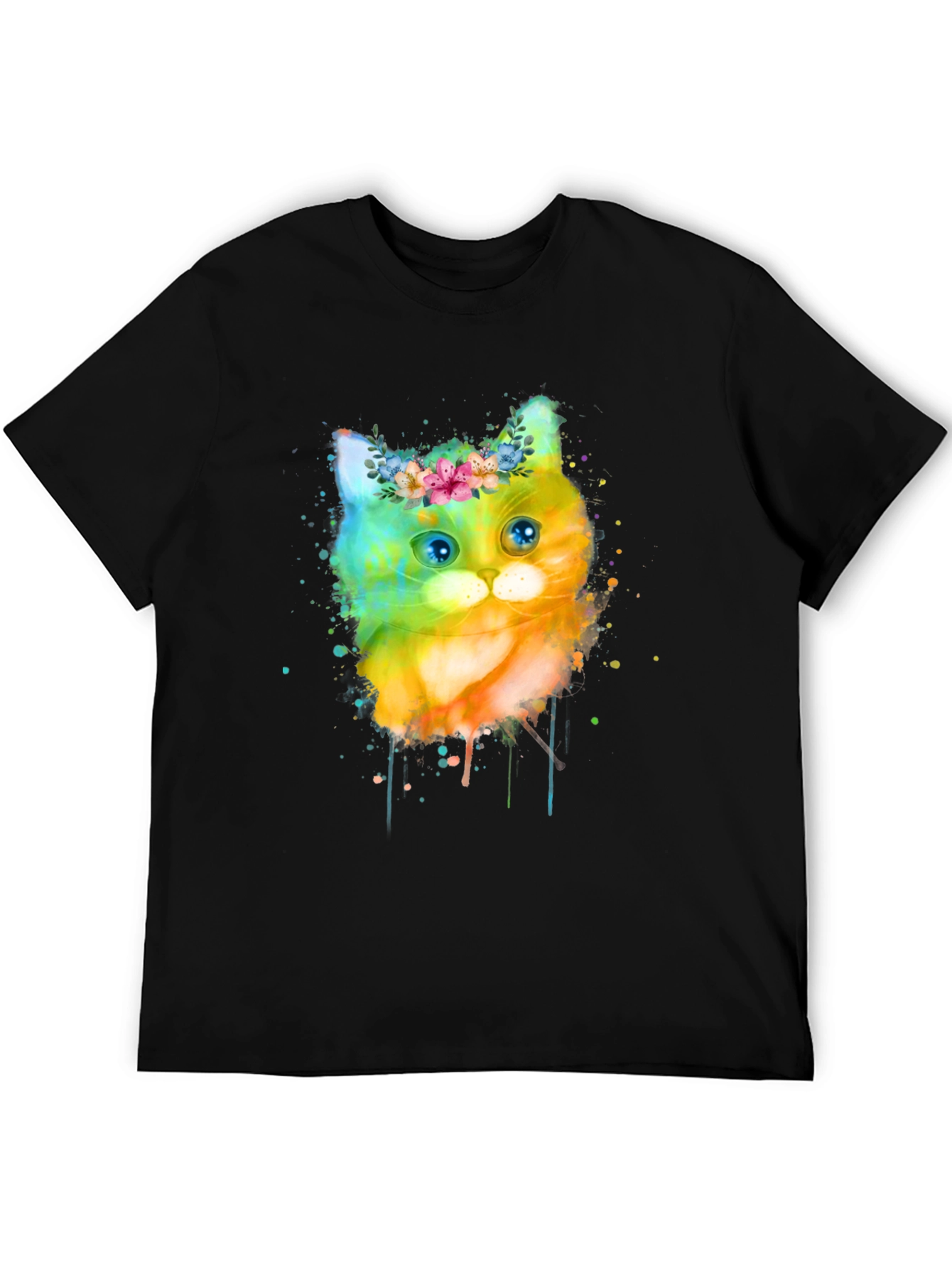 Black Watercolor Cat T-Shirt - Floral Crown Kitten Tee view 5