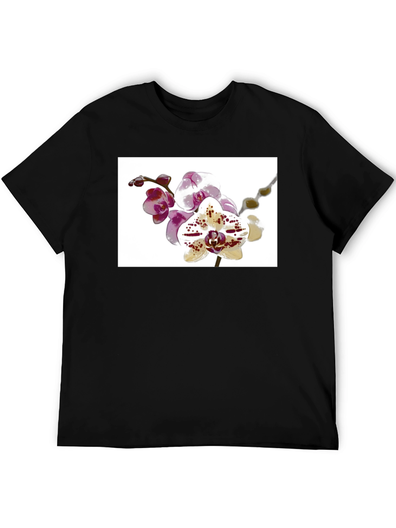 Black Floral Orchid Print Black T-Shirt view 5