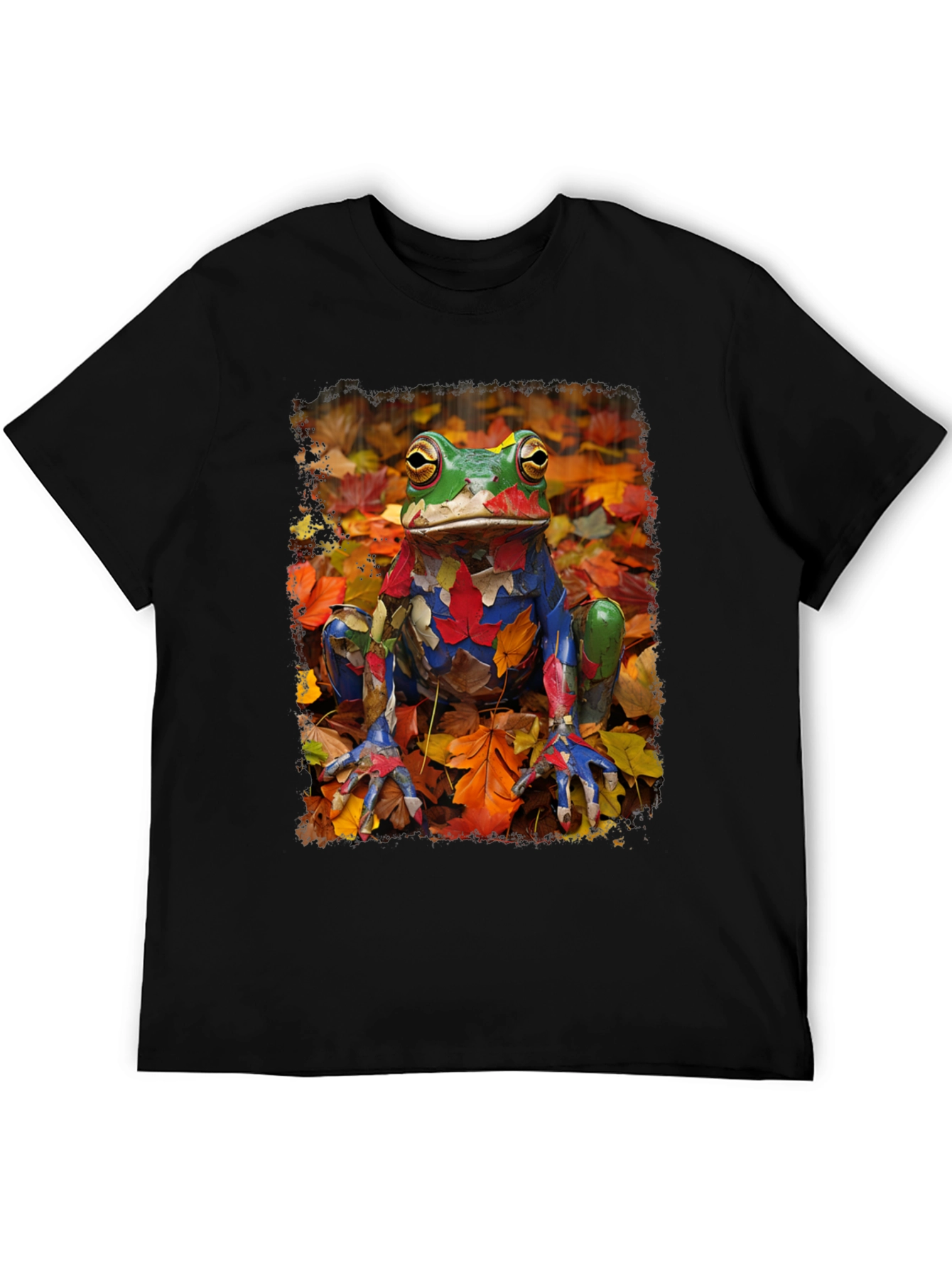 Black Frog in Fall Leaves Black T-Shirt view 5
