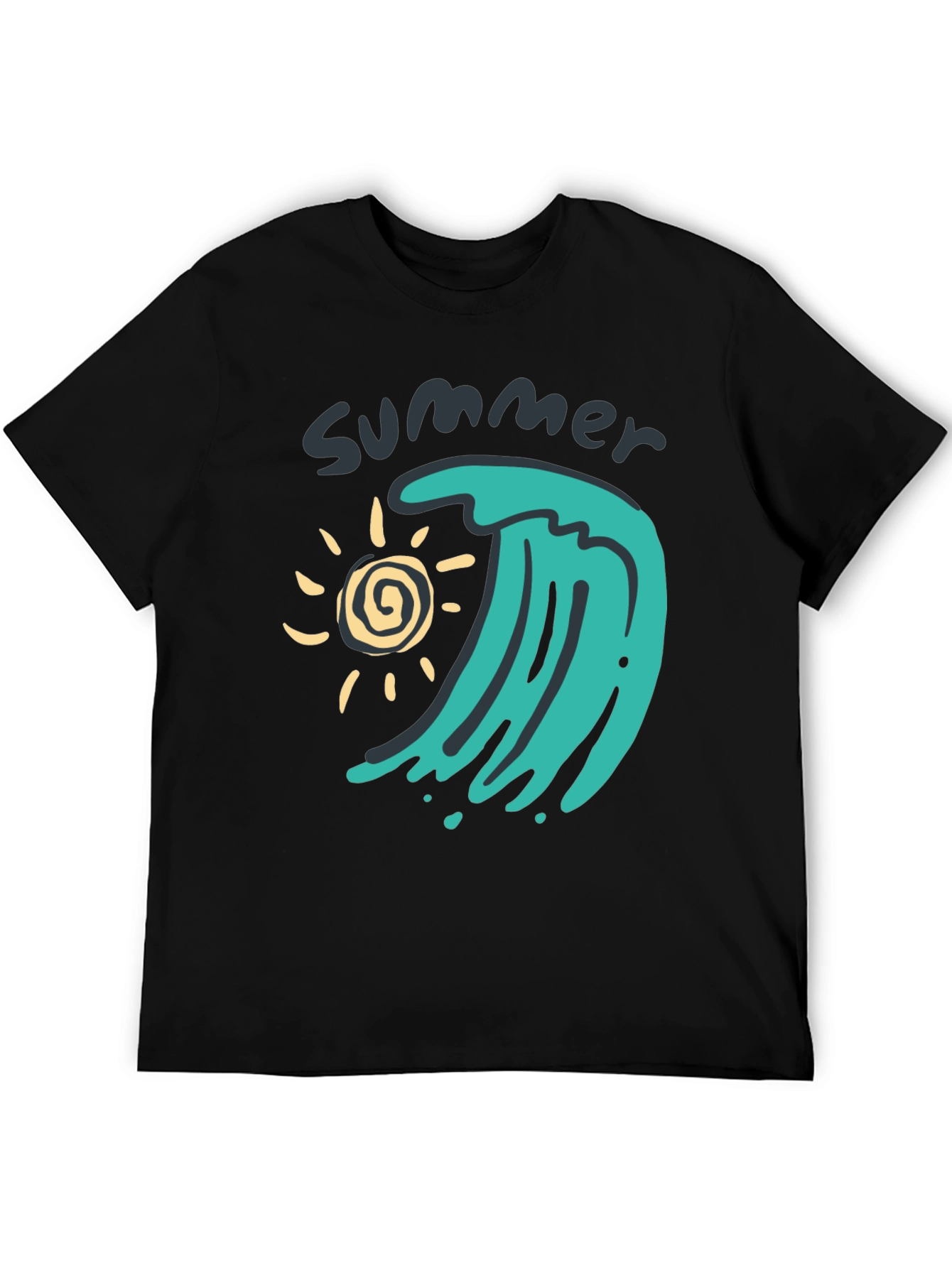 Black Summer Wave Graphic Tee - Black Cotton T-Shirt view 5