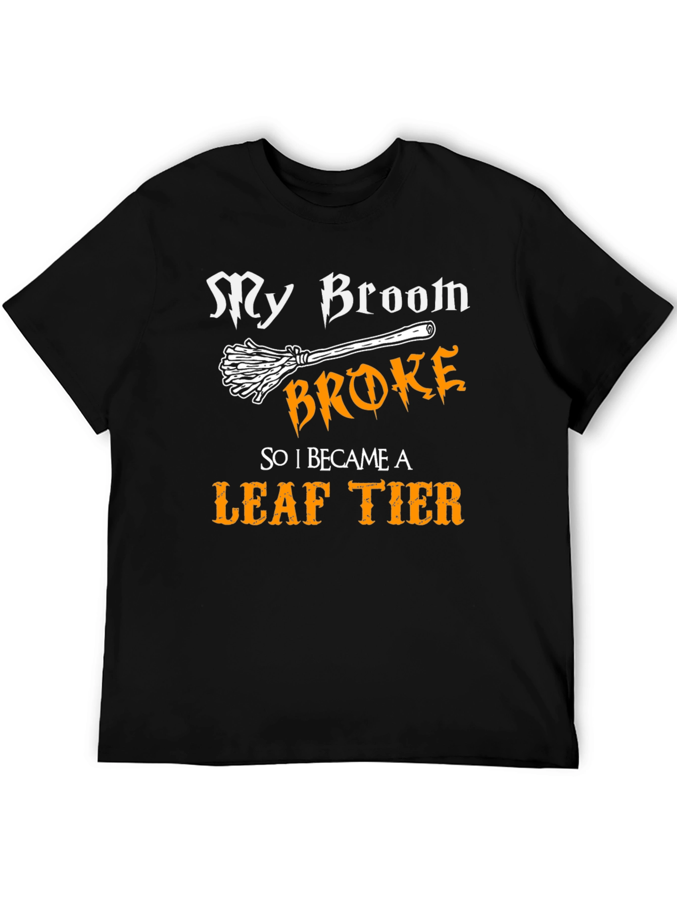 Black My Broom Broke Leaf Tier T-Shirt view 5