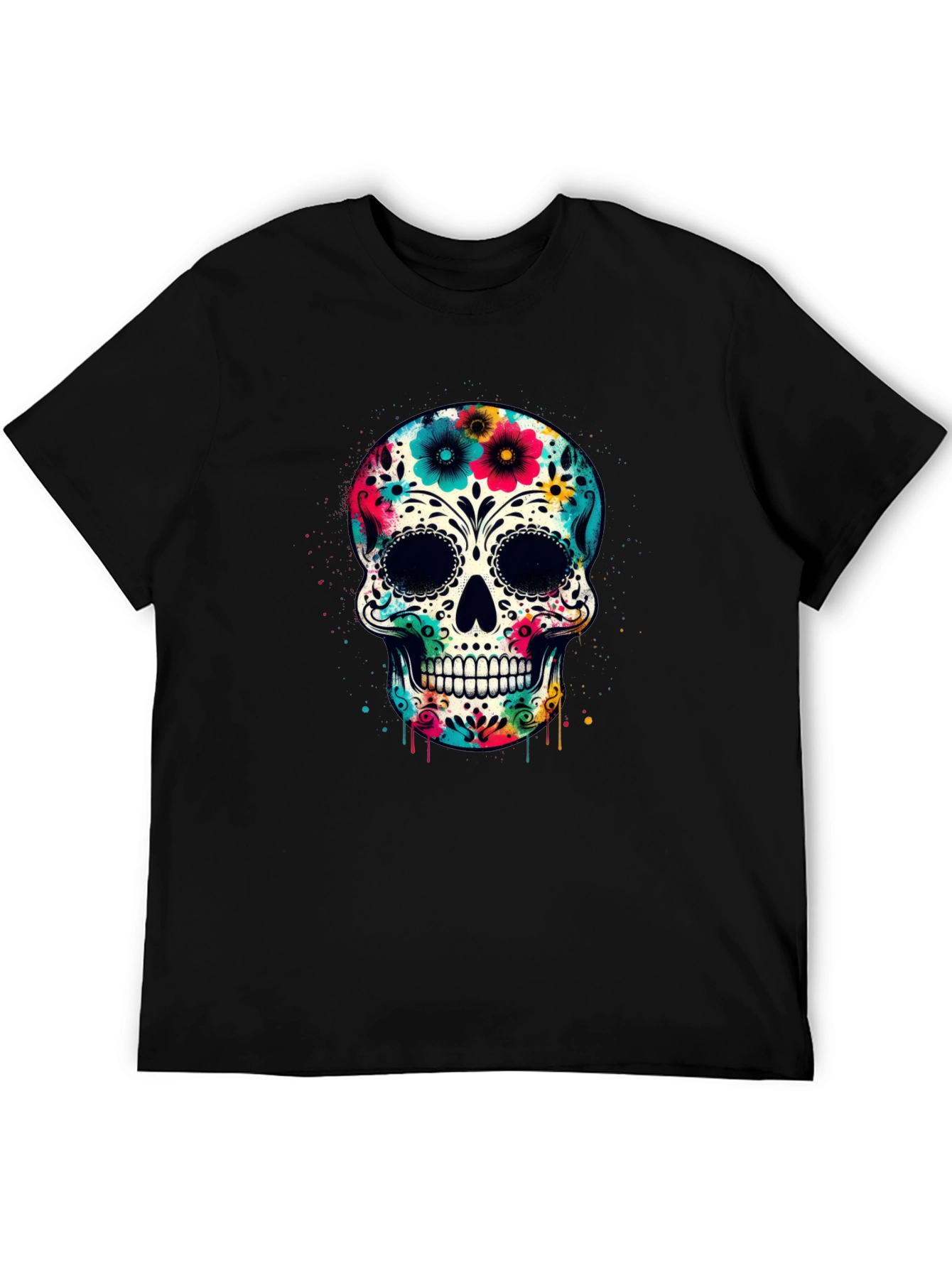 Black Floral Sugar Skull Graphic Tee - Day of the Dead Style view 5