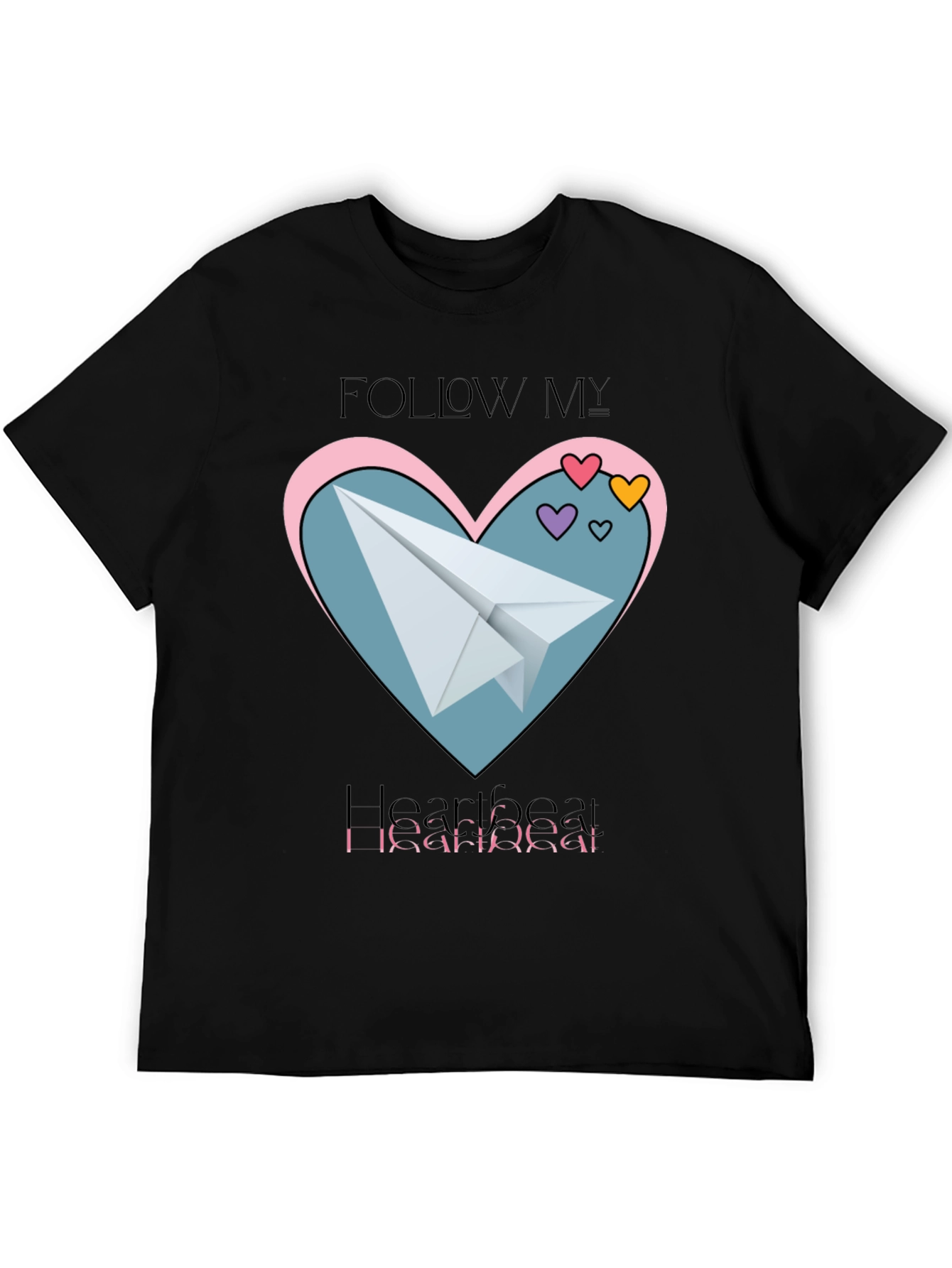 Black Follow My Heartbeat T-Shirt: Paper Airplane Love Design view 5