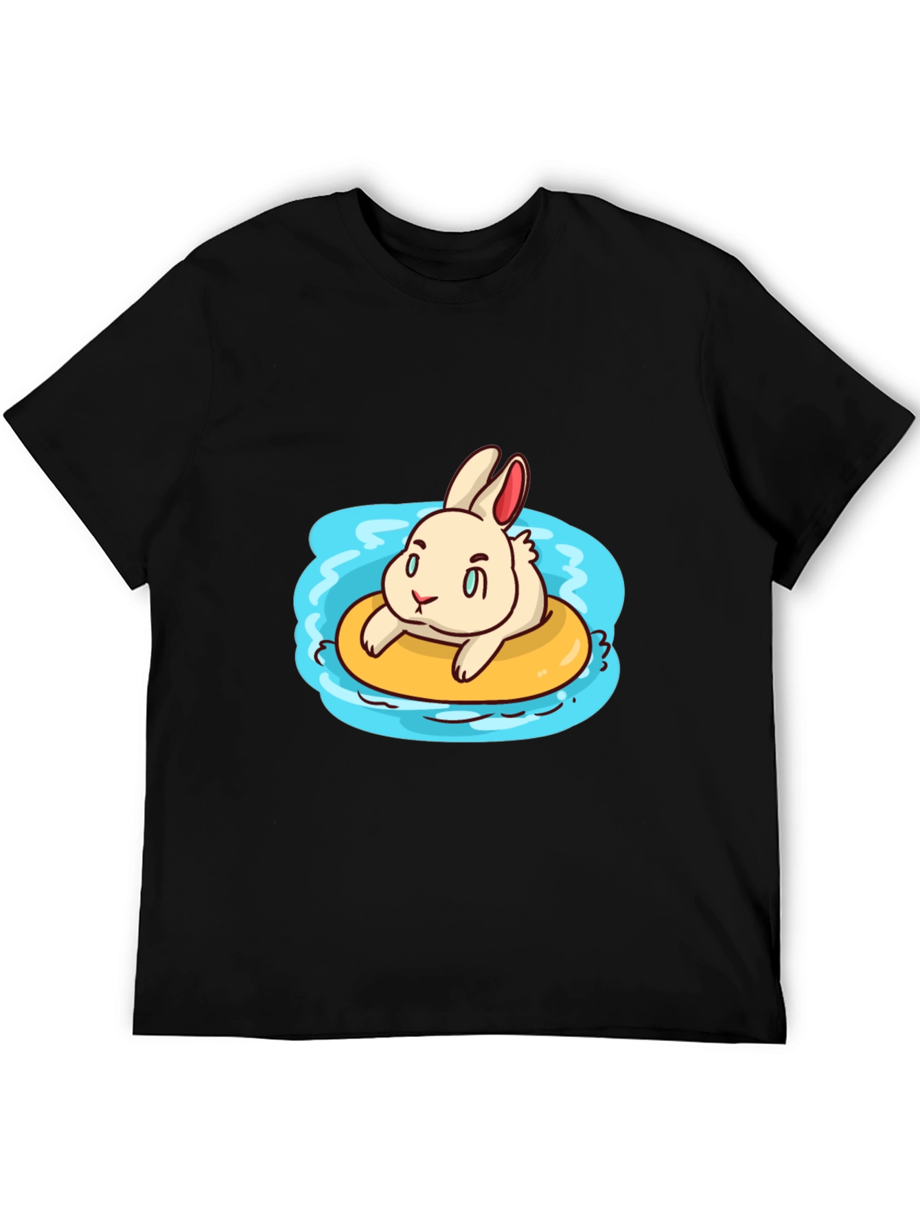 Black Cartoon Bunny on Float Black T-Shirt view 5
