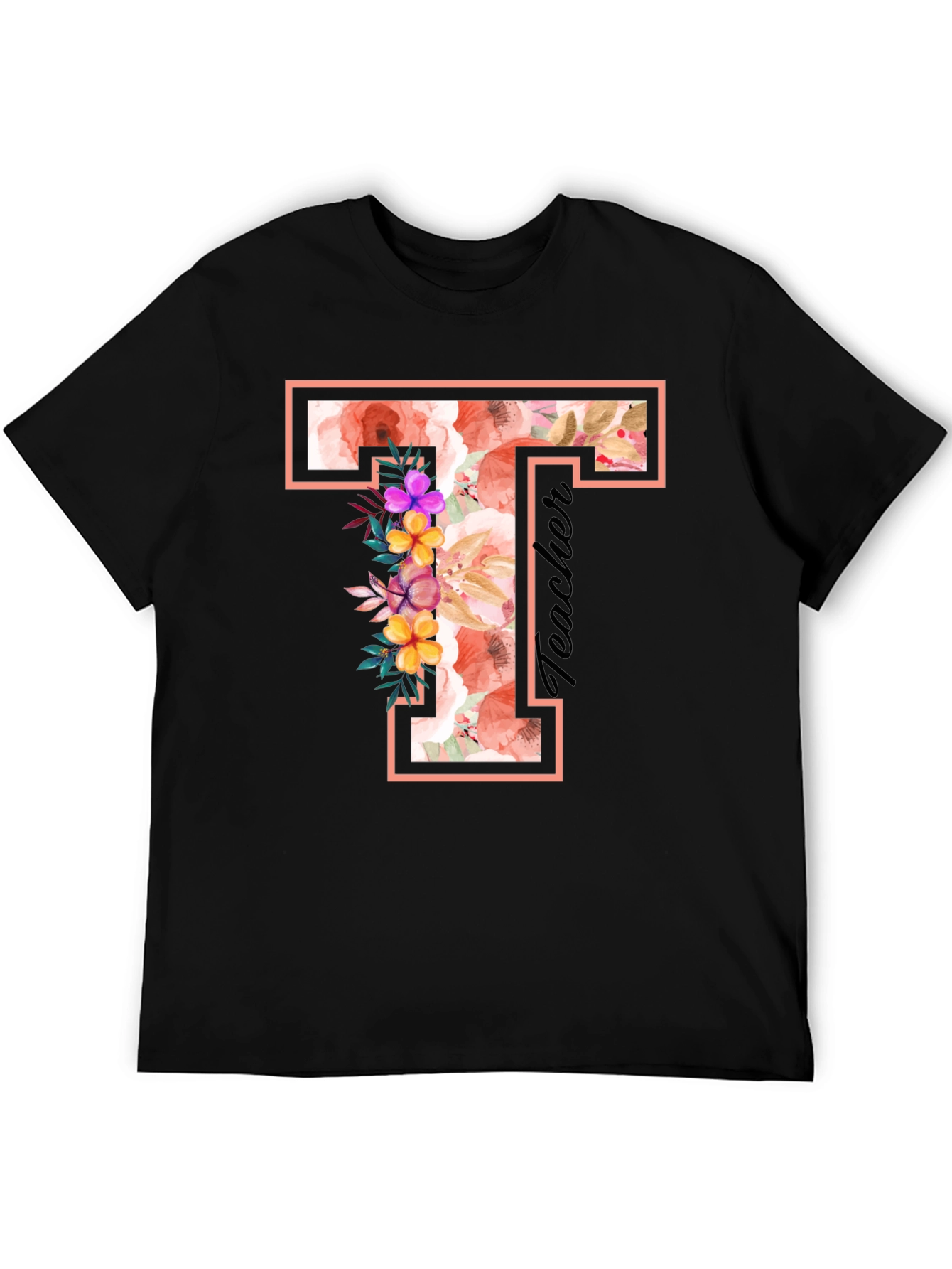 Black Floral T Teacher T-Shirt view 5