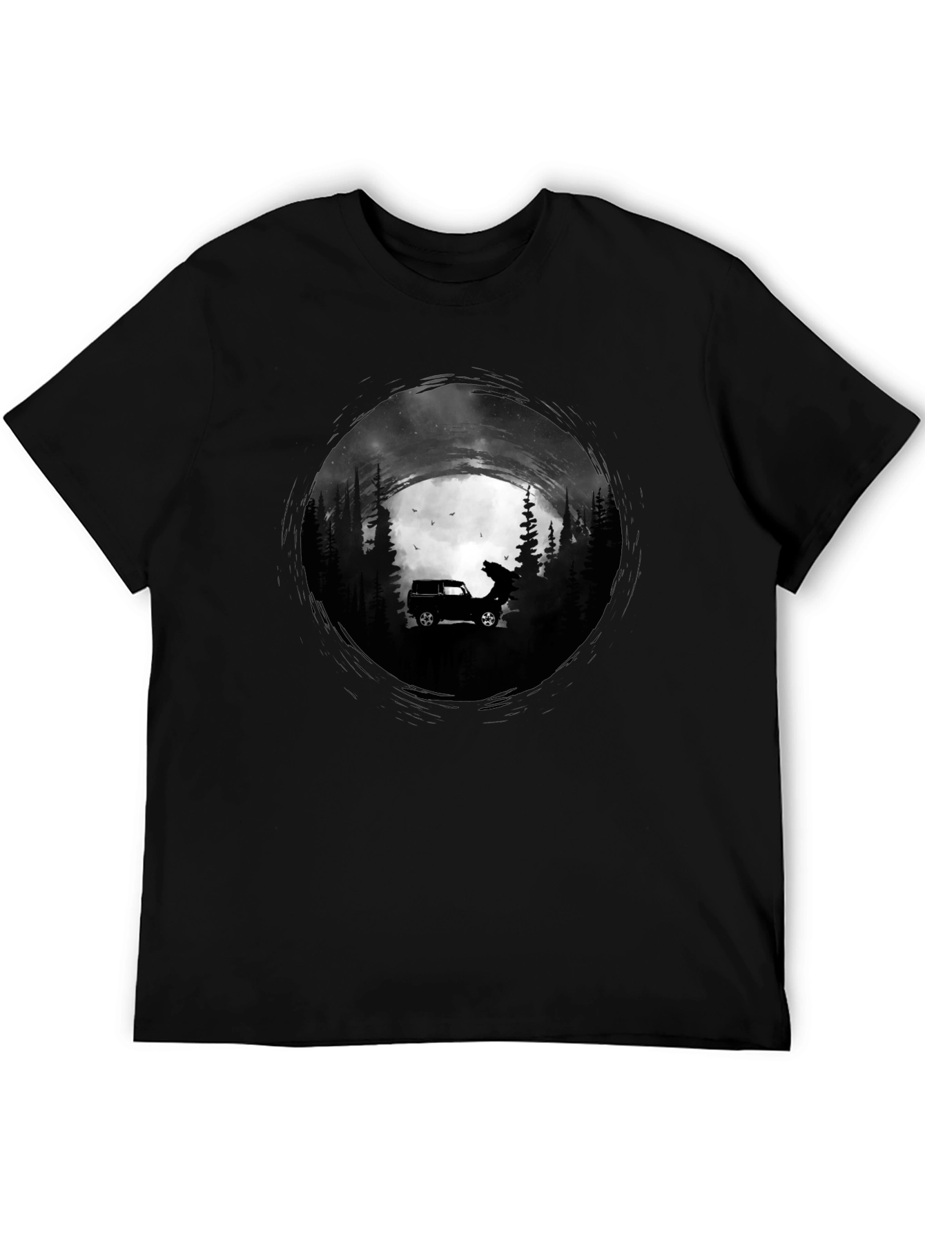 Black Men's Black T-Shirt with Car and Wolf Design view 5