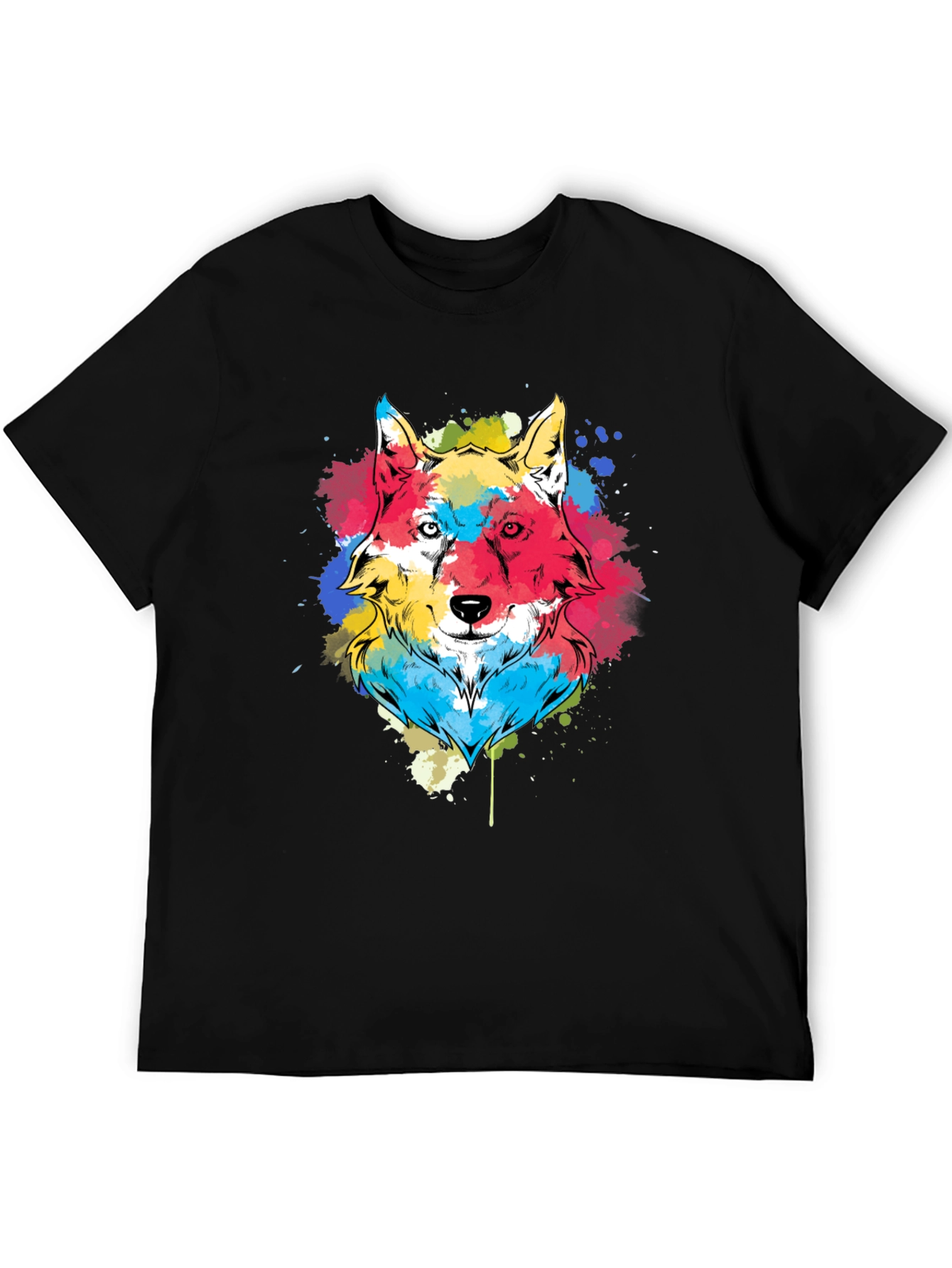 Black Colorful Wolf Graphic Tee - Black Cotton Blend view 5