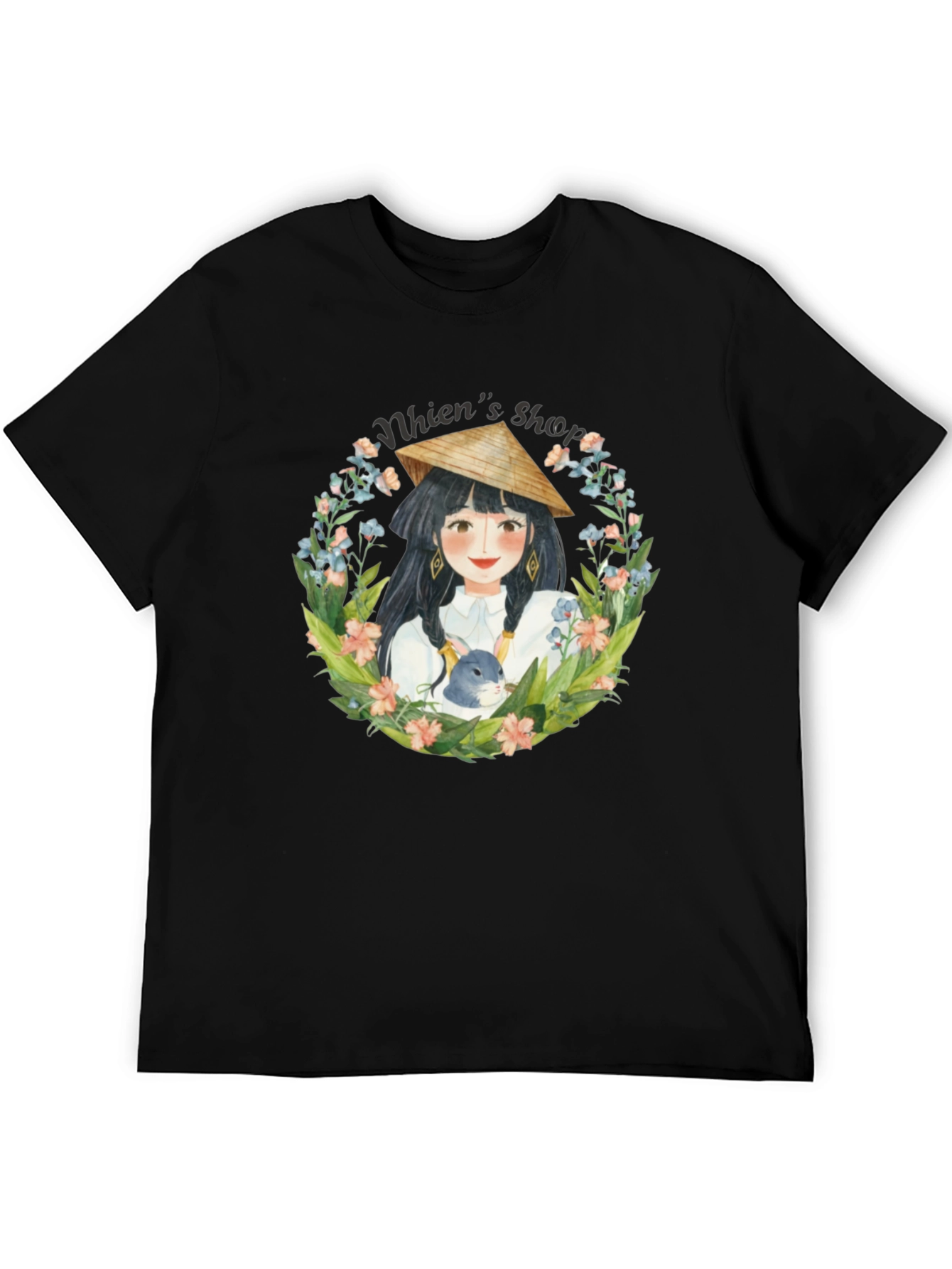 Black Whimsical Girl with Rabbit Black T-Shirt view 5