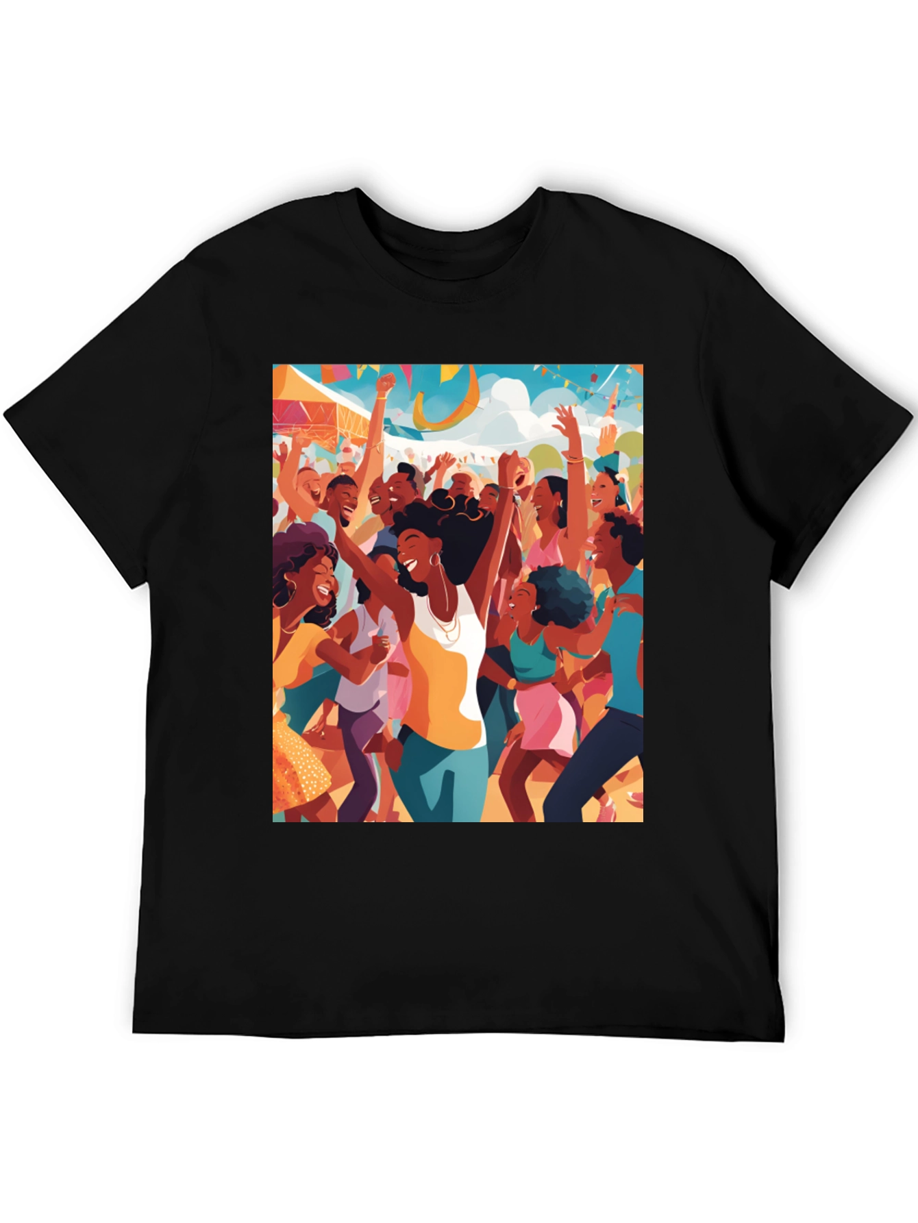 Black Festive Crowd Graphic Tee - Black Cotton Comfort view 5