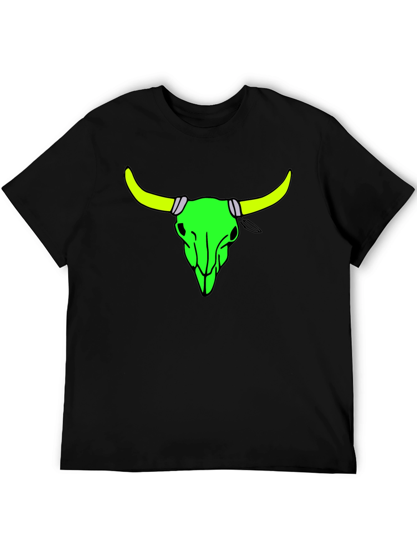 Black Neon Bull Skull Graphic Tee - Bold Black Cotton Shirt view 5