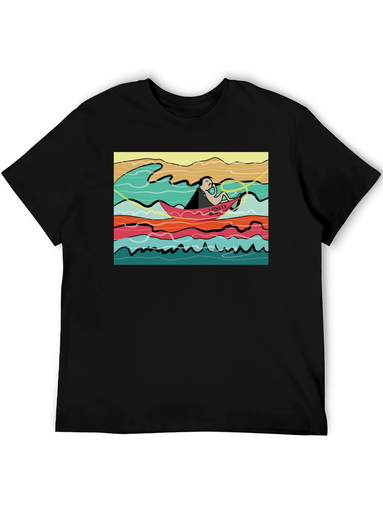 Black Lonely Boat Graphic Tee - Black Cotton T-Shirt view 5
