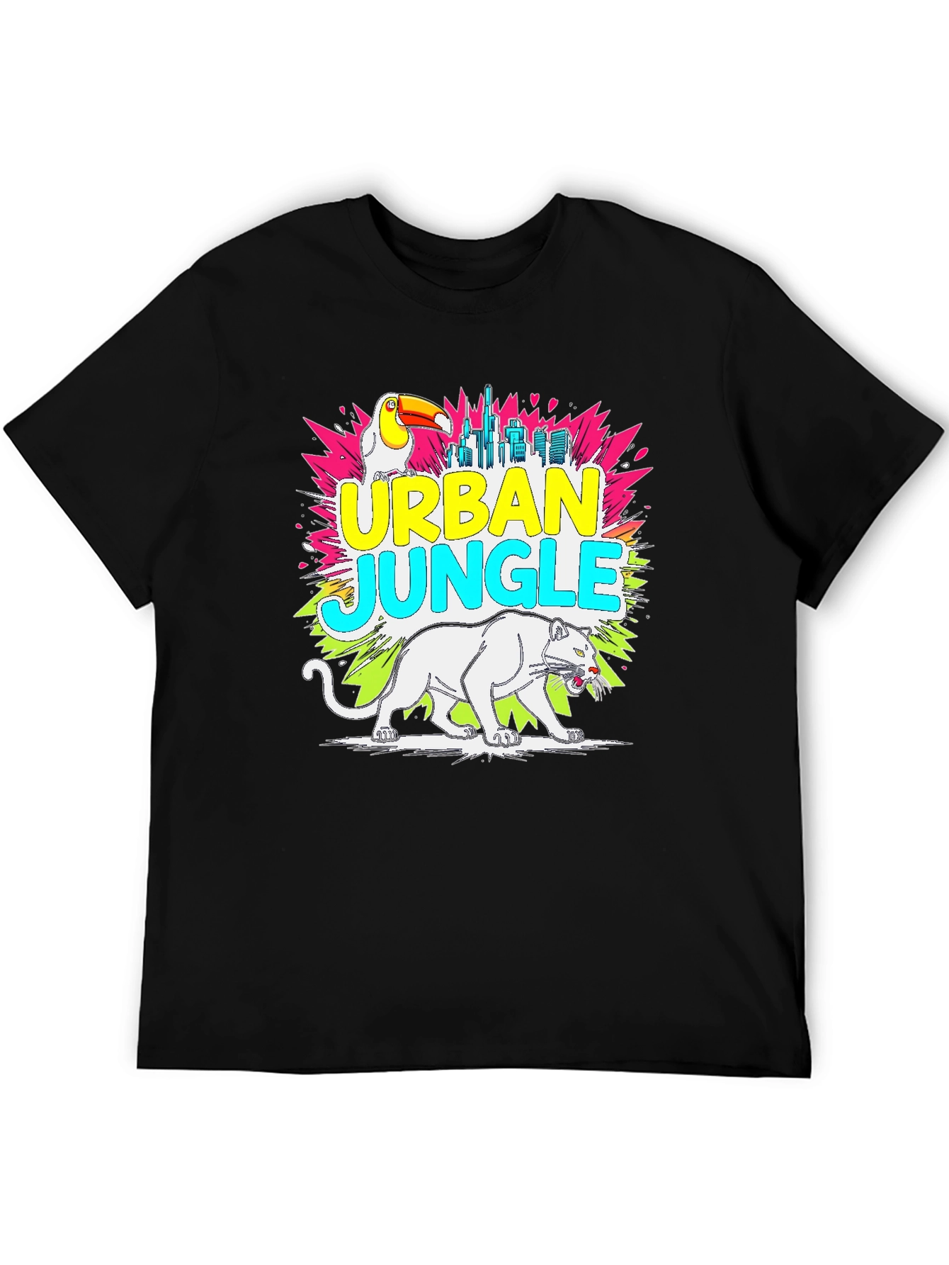 Black Urban Jungle Graphic Tee - Toucan, Panther, Cityscape view 5