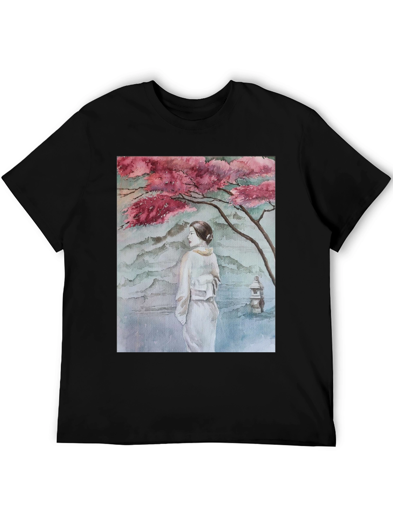 Black Watercolor Japanese Art Black T-Shirt view 5