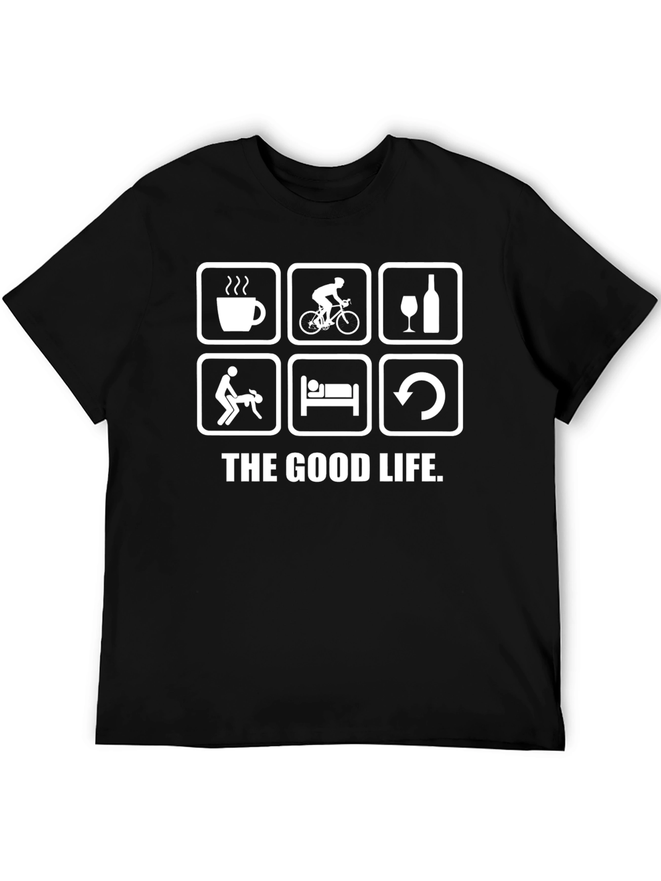 Black The Good Life T-Shirt - Coffee, Bike, Wine, Fun! view 5
