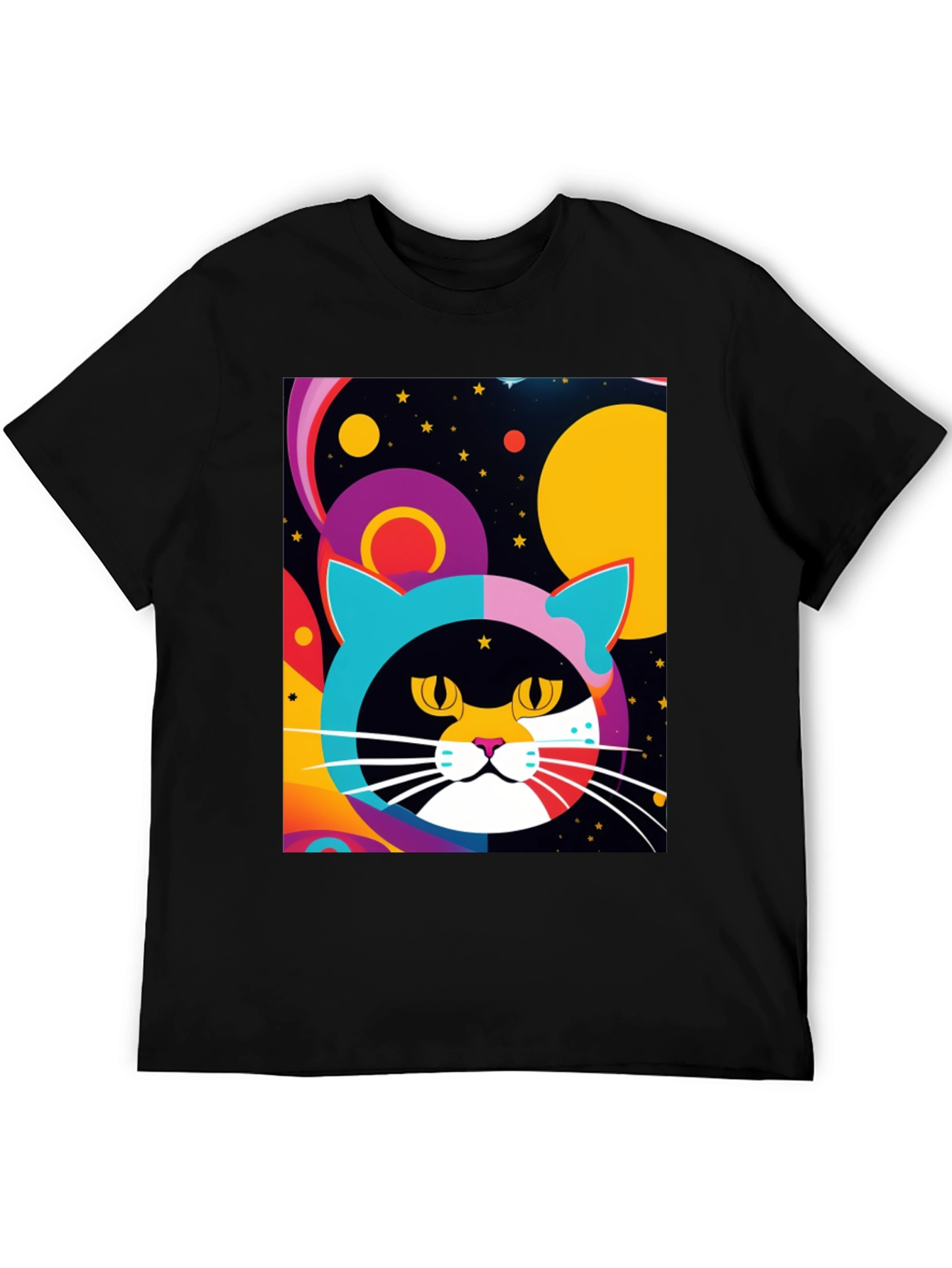 Black Psychedelic Cat T-Shirt - Colorful Retro Design view 5