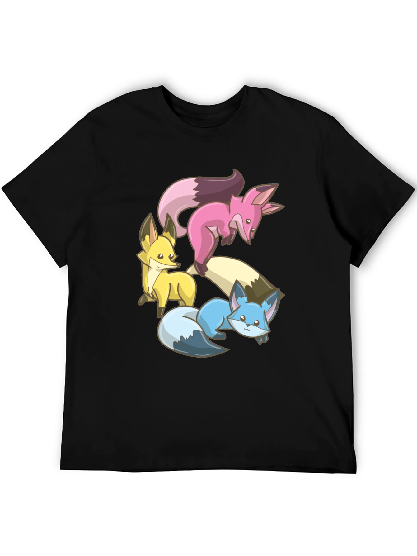 Black Cute Fox Trio Graphic Tee - Soft Cotton Blend view 5