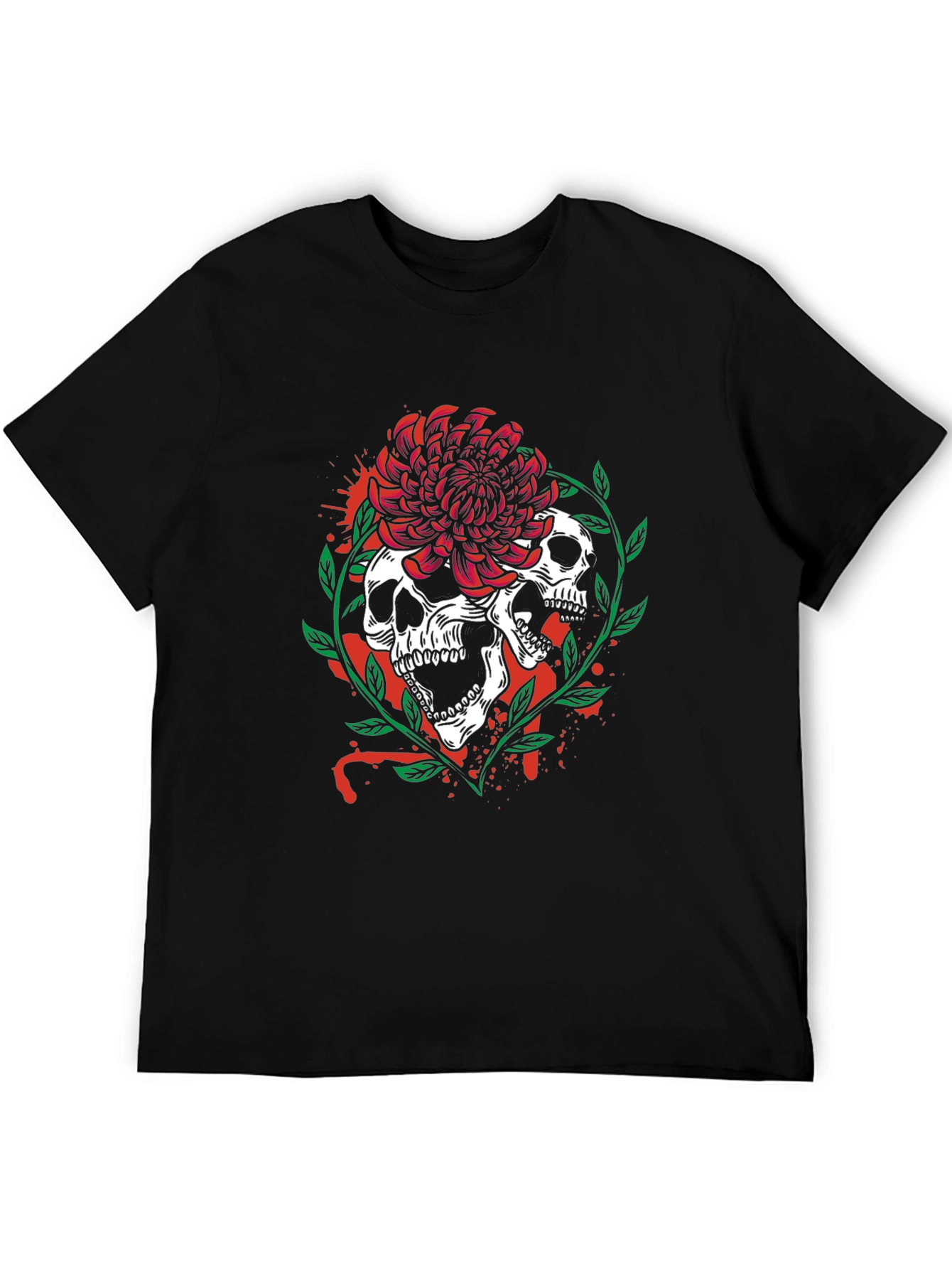 Black Skull & Flower Graphic Tee - Men's Black T-Shirt view 5