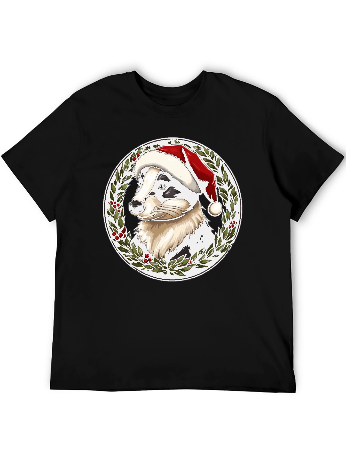 Black Festive Dog Santa Hat T-Shirt view 5