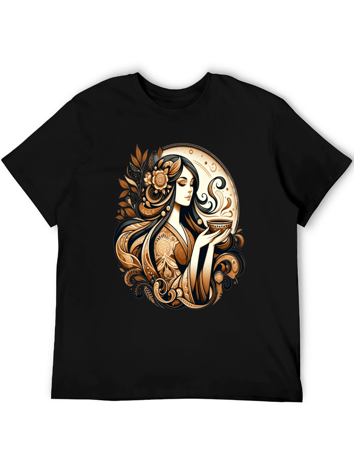 Black Elegant Woman Tea Art Graphic Tee view 5
