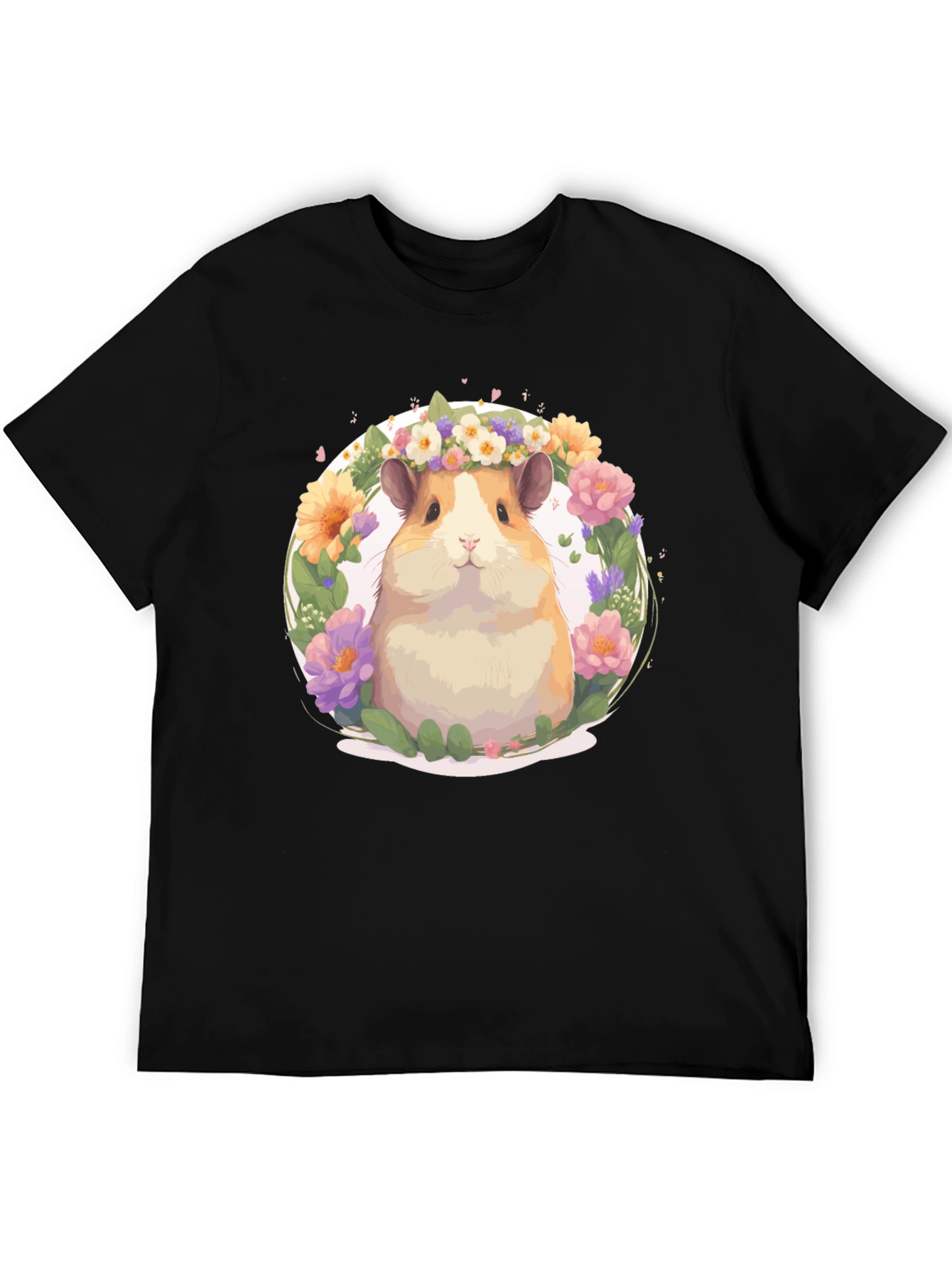 Black Cute Hamster Floral Wreath T-Shirt - Unisex view 5