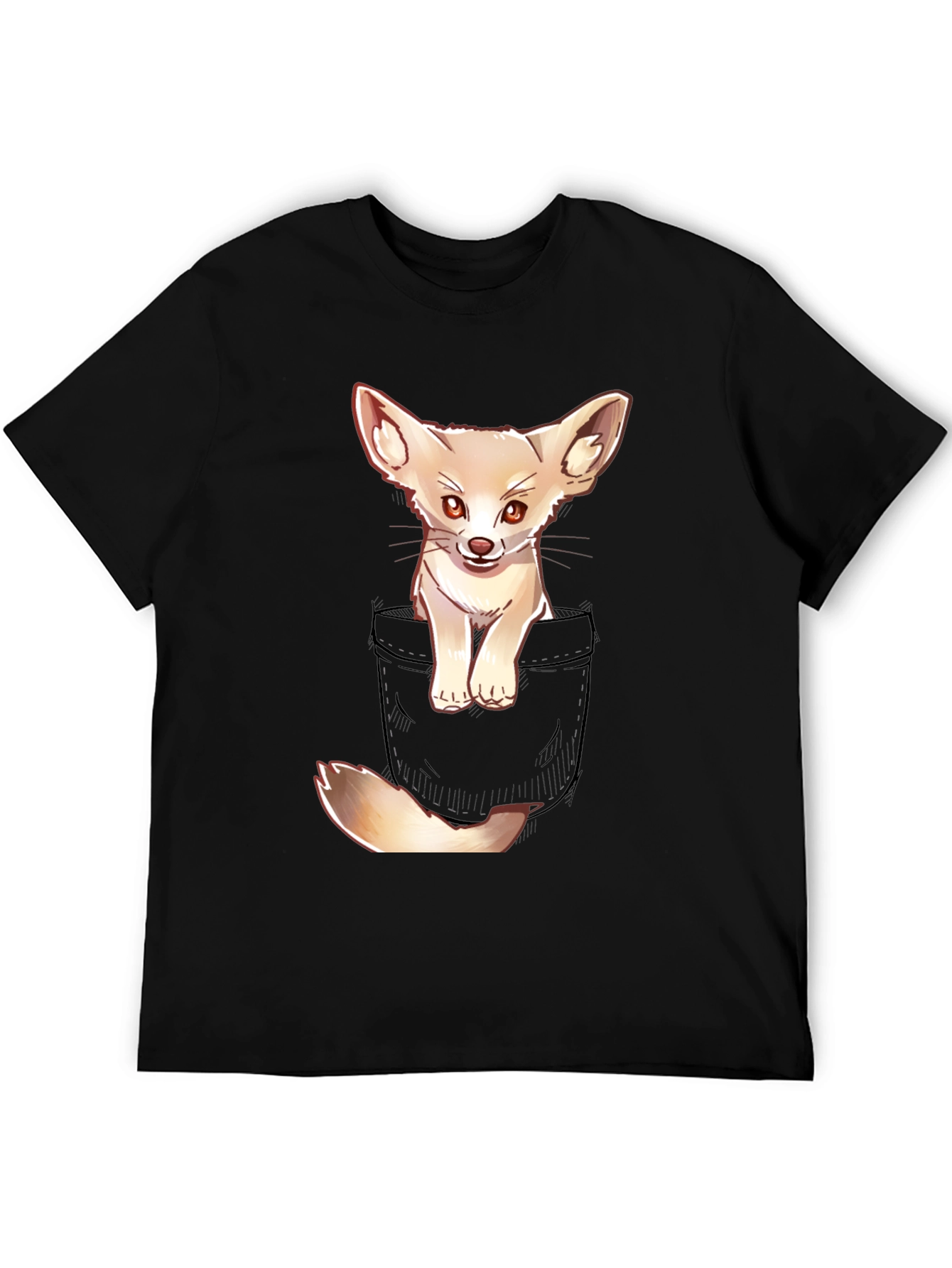 Black Cute Fennec Fox Pocket T-Shirt view 5