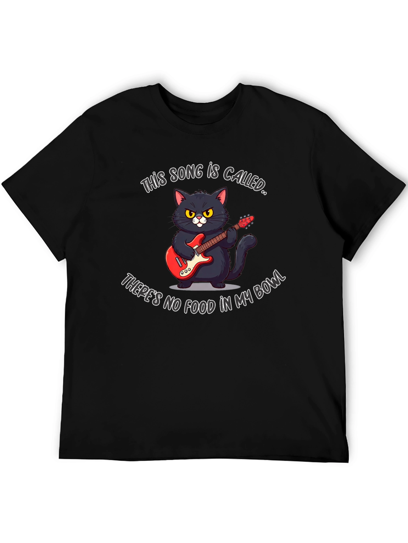 Black Funny Cat Guitarist T-Shirt - "No Food in My Bowl" view 5