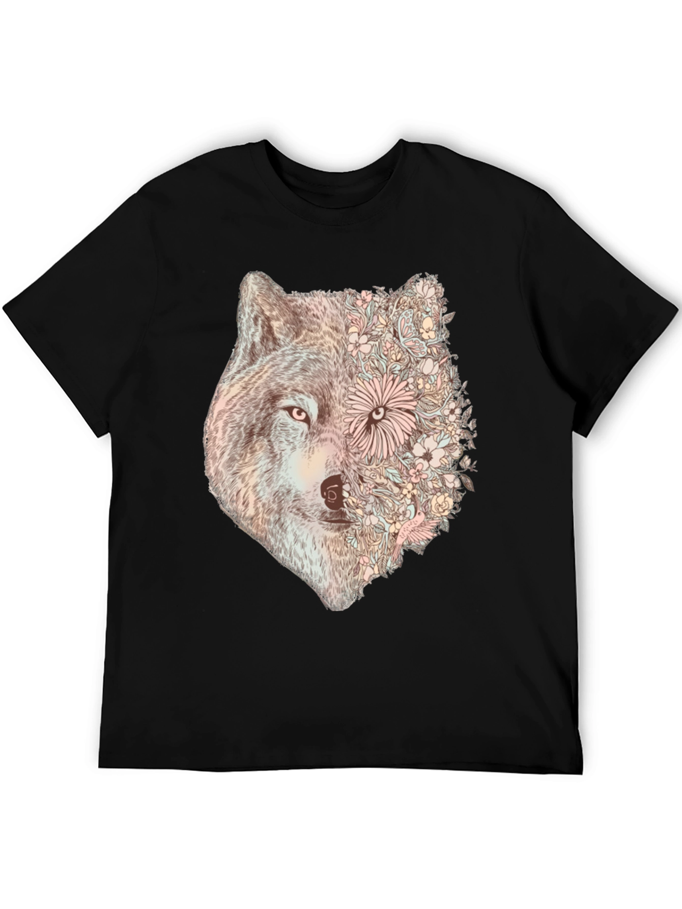 Black Floral Wolf Graphic Tee - Stylish Men's Black T-Shirt view 5
